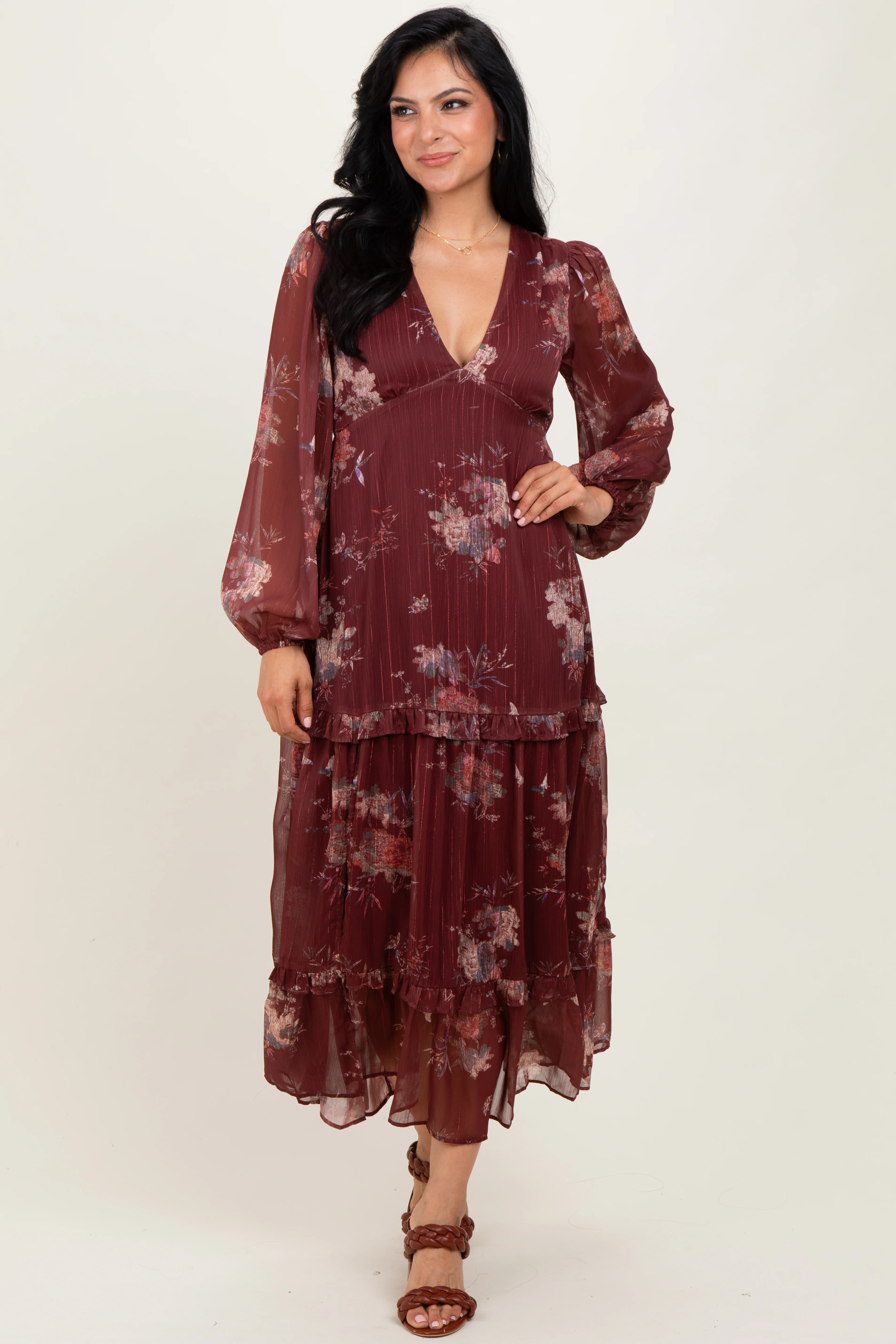 Burgundy Floral Chiffon V-Neck Long Sleeve Maxi Dress - Image 2
