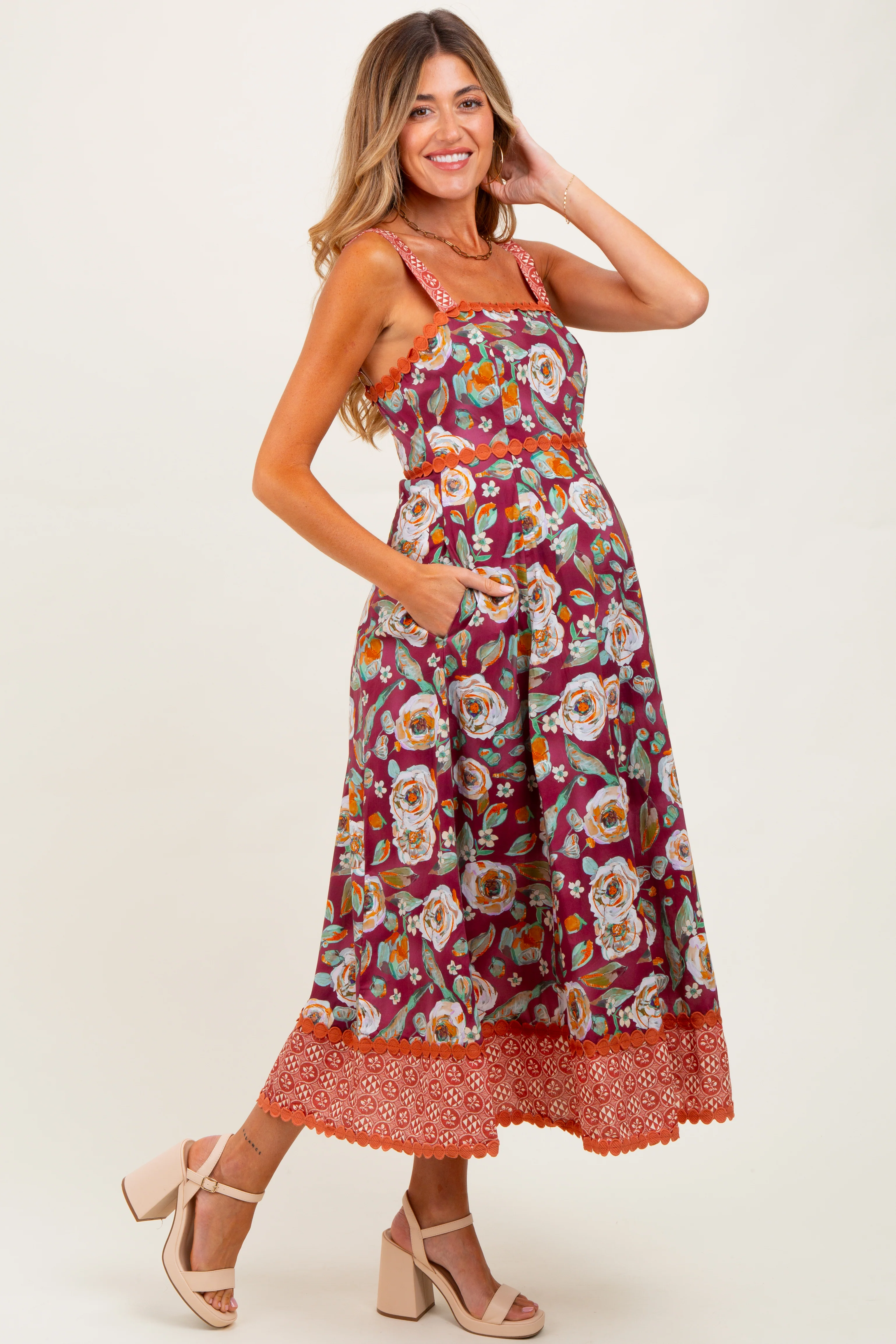 Burgundy Floral Contrast Print Sleeveless Maternity Midi Dress - Image 3