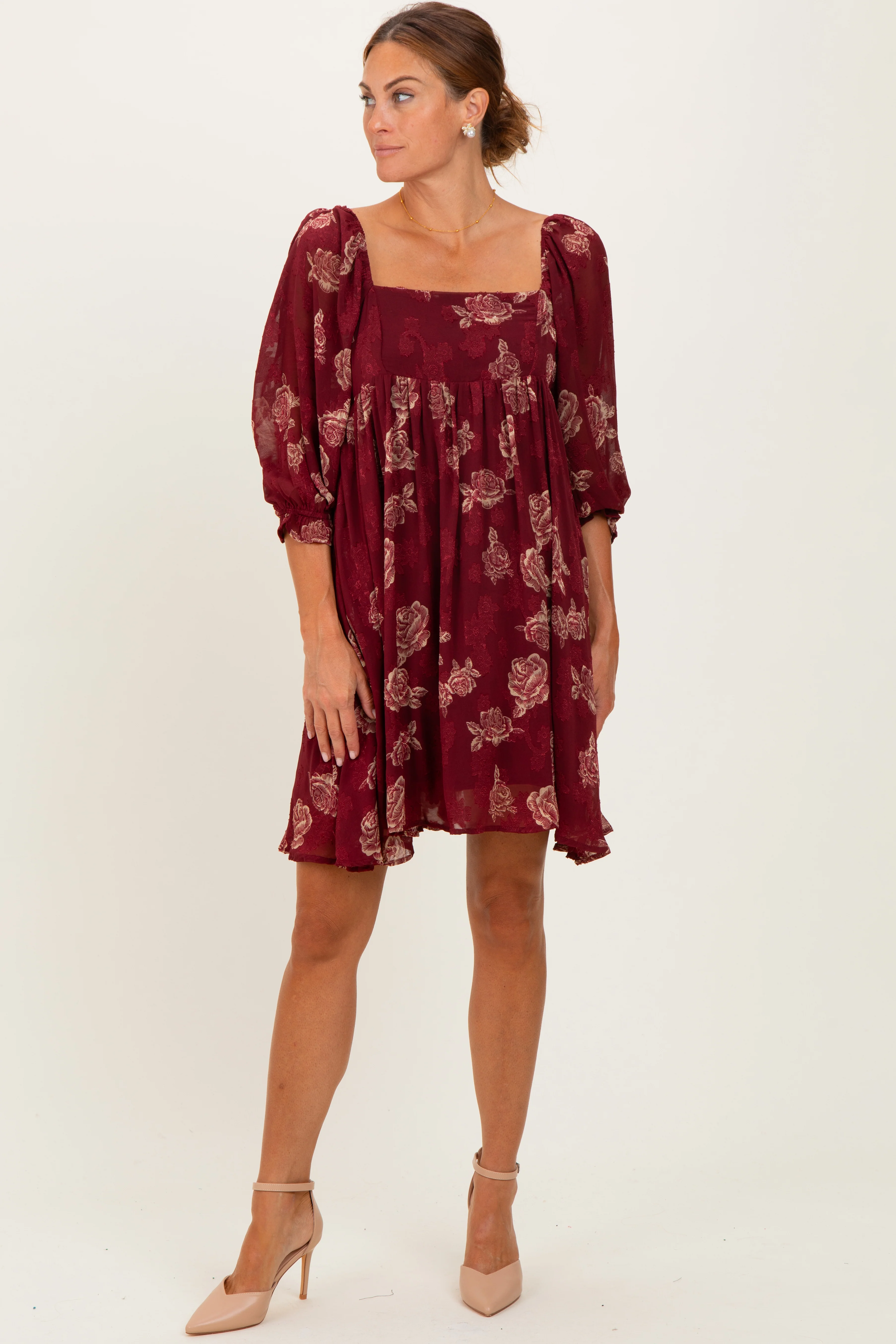 Burgundy Floral Jacquard 3/4 Sleeve Dress - Image 2