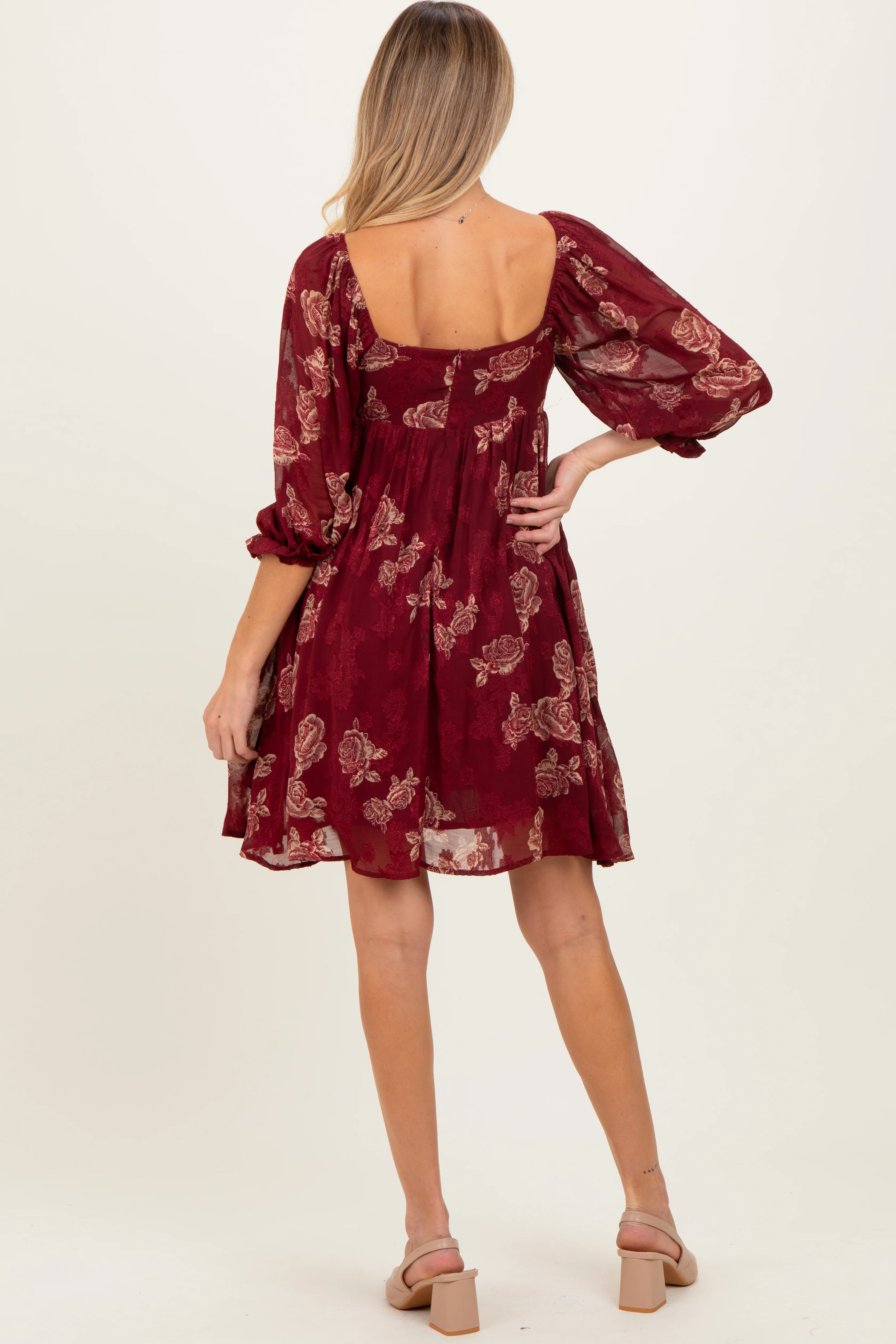 Burgundy Floral Jacquard 3/4 Sleeve Maternity Dress - Image 4