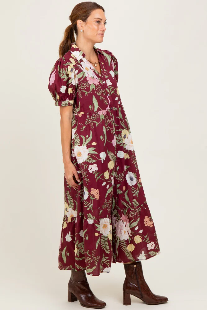 Burgundy Floral Puff Sleeve Button Down Midi Dress - Image 3