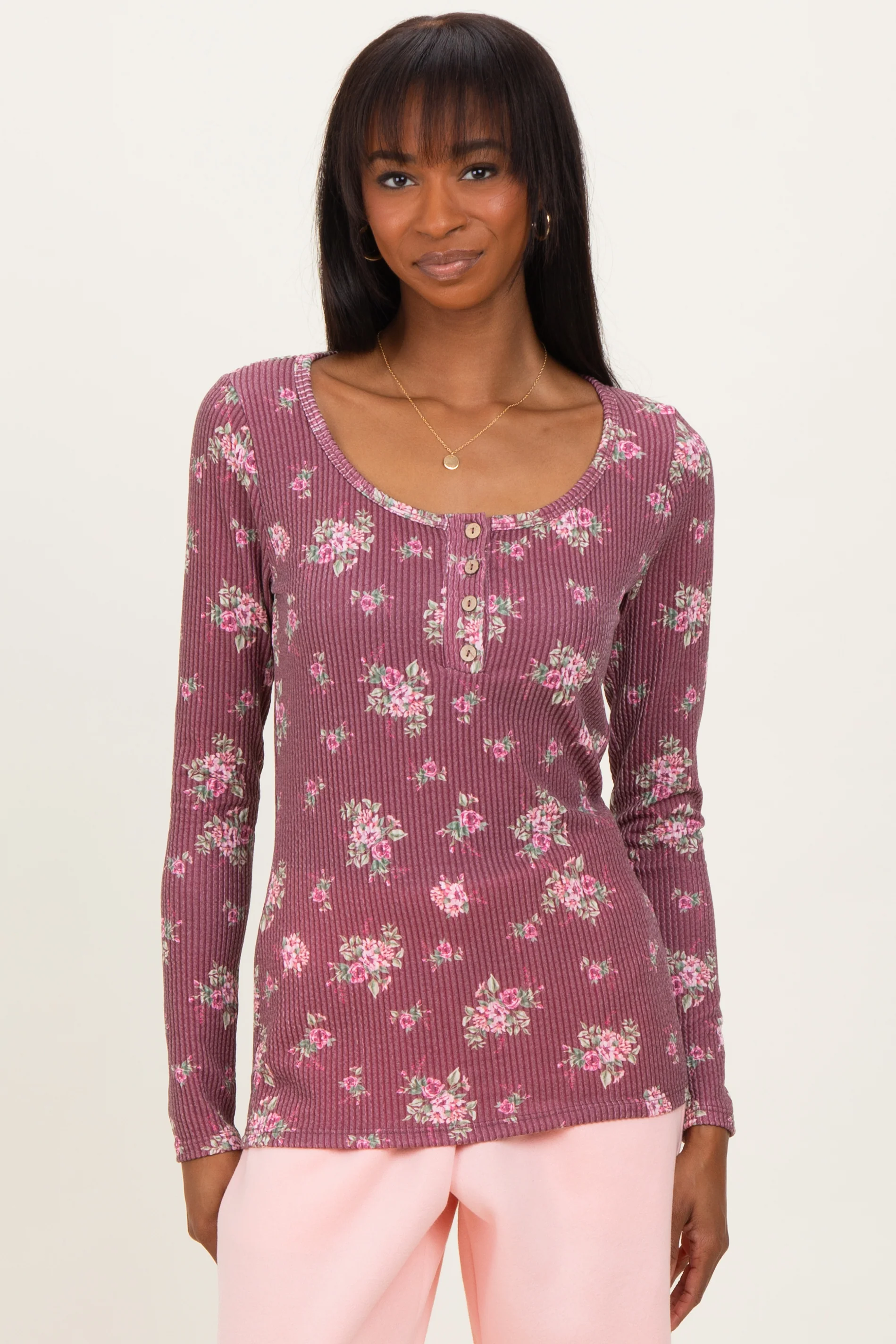 Burgundy Floral Ribbed Long Sleeve Button Down Maternity Tunic Top - Image 4