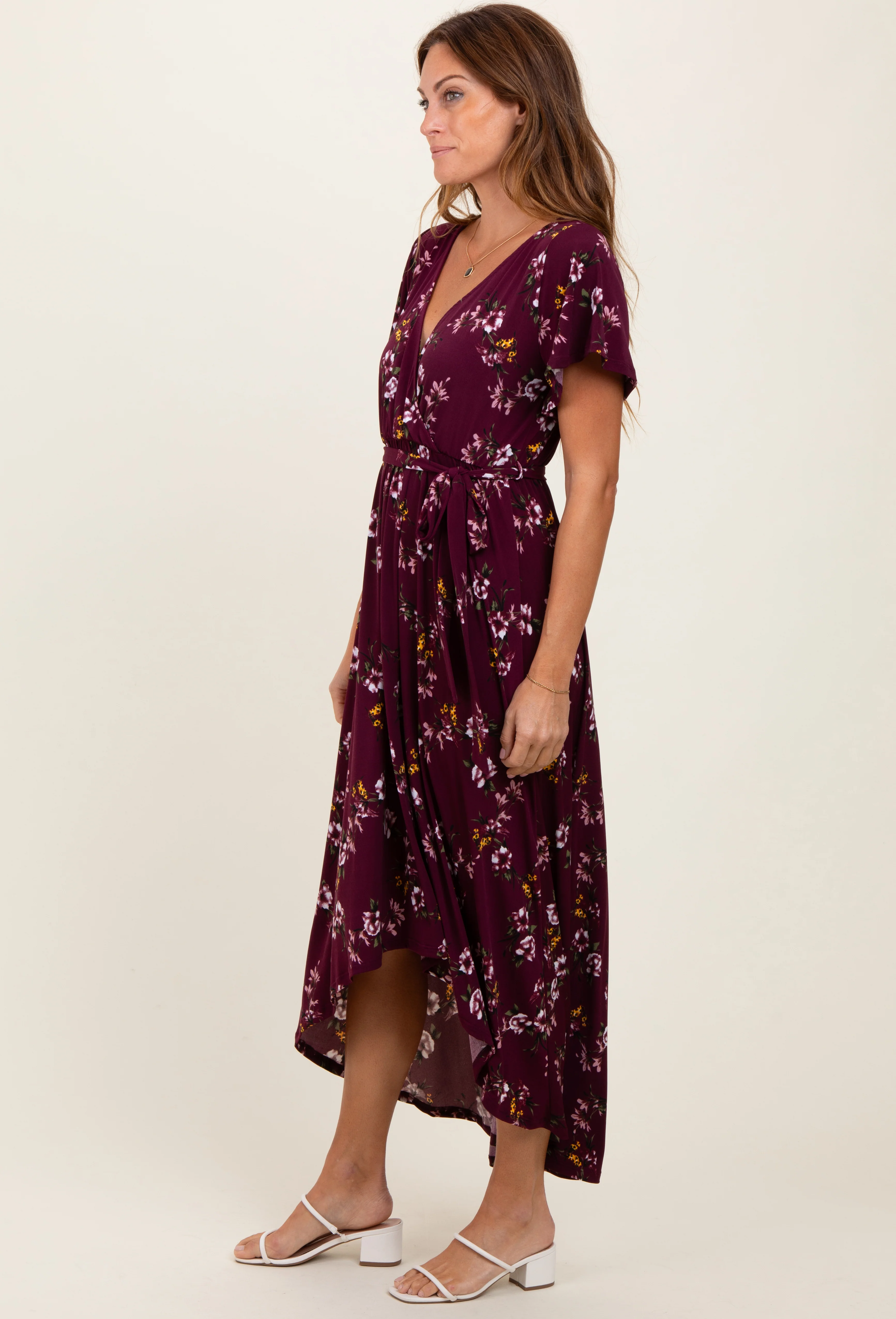 Burgundy Floral Short Sleeve Wrap Hi-Low Maxi Dress - Image 3