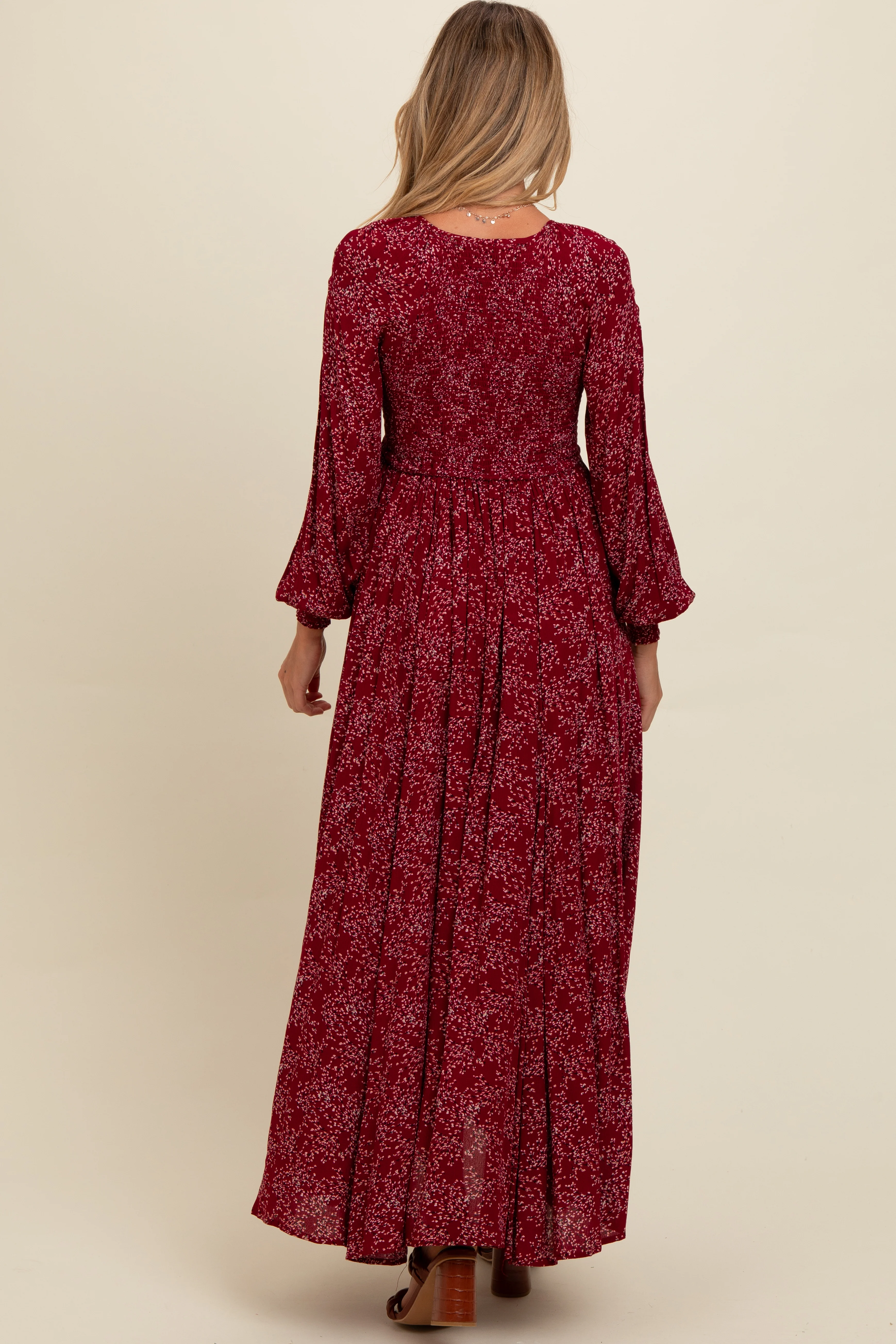Burgundy Floral Smocked Button Detail Maternity Maxi Dress - Image 4