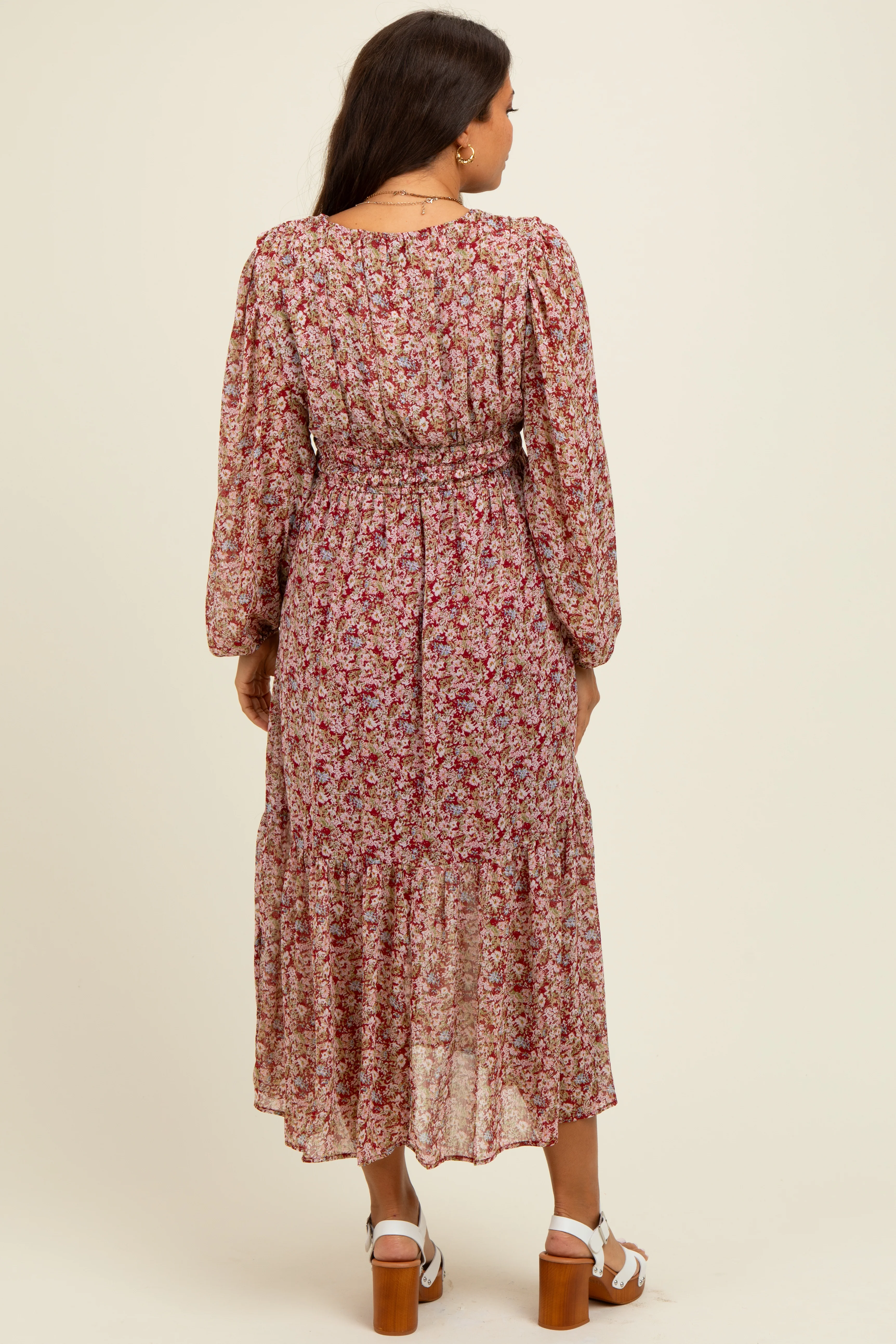 Burgundy Floral Smocked Waist Maternity Maxi Dress - Image 4