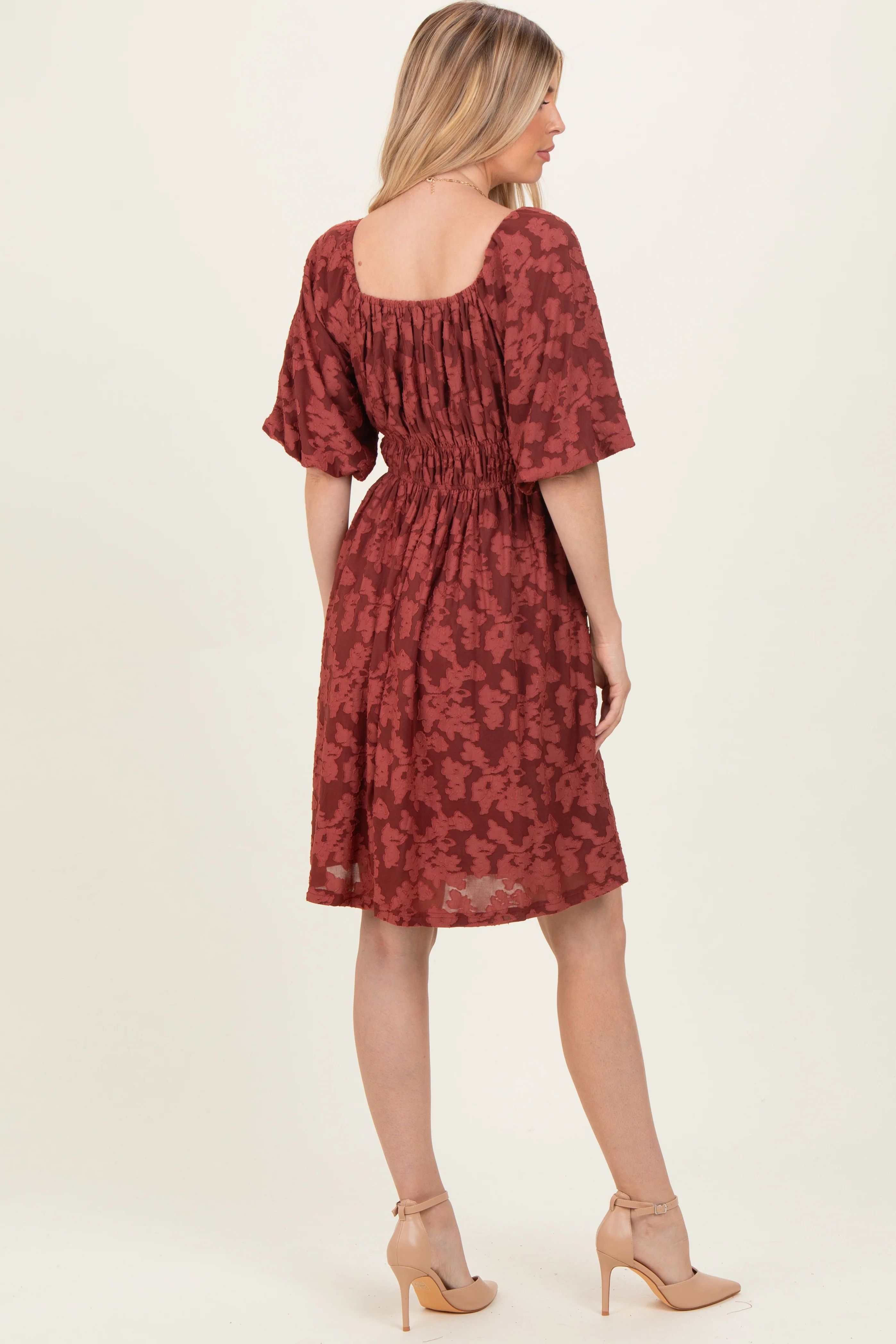 Burgundy Floral Square Neck Dress - Image 4