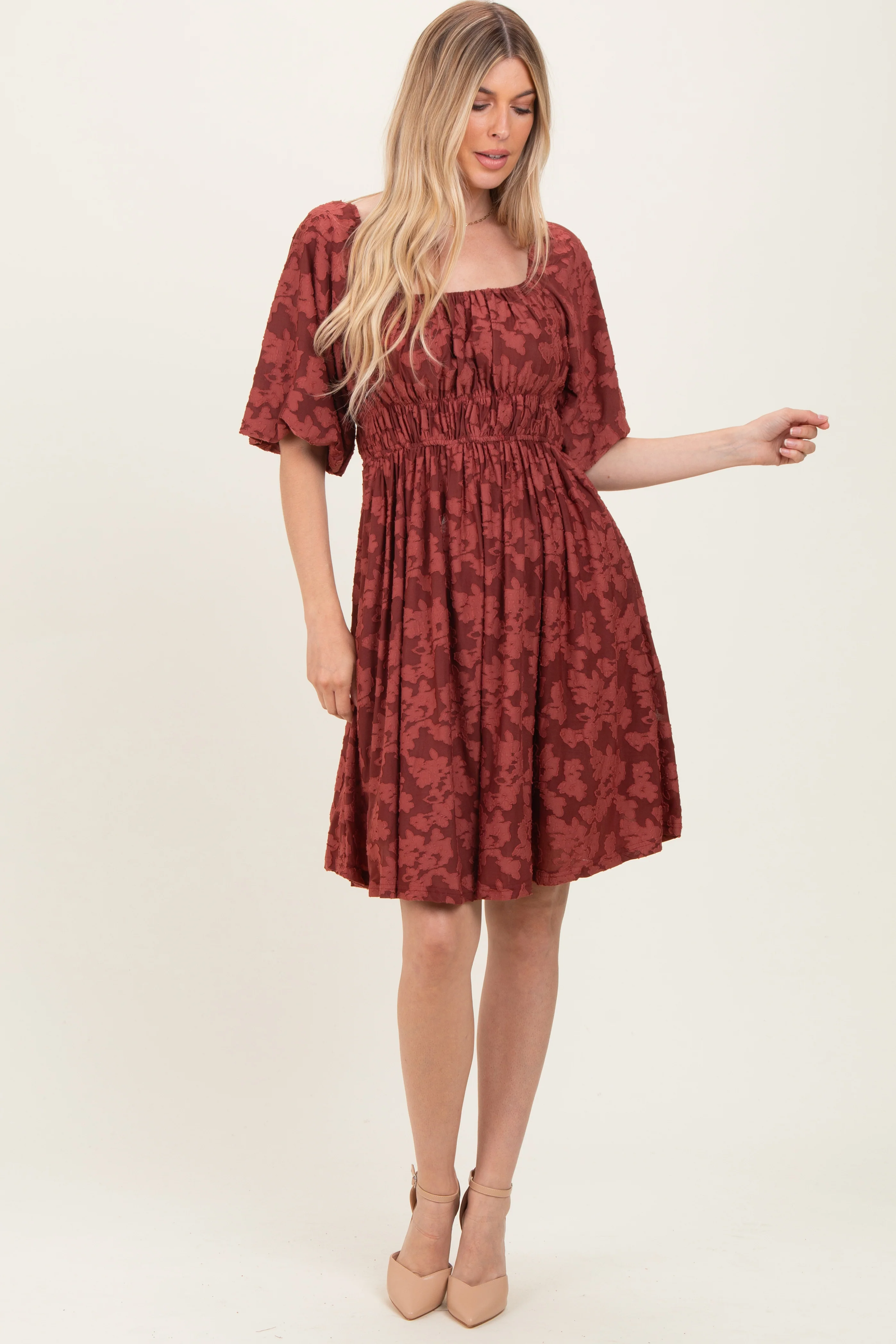 Burgundy Floral Square Neck Maternity Dress - Image 4
