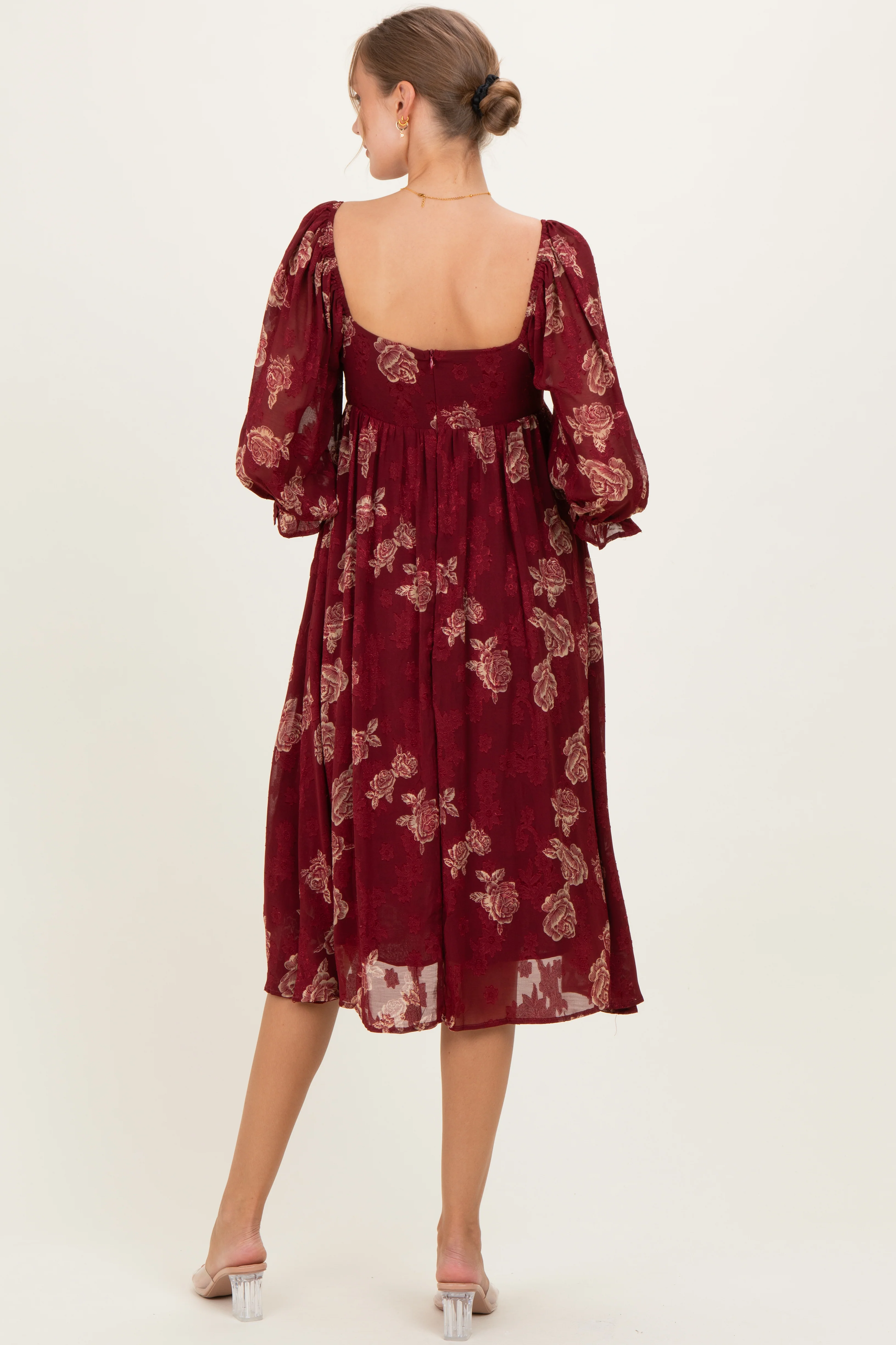 Burgundy Floral Textured Maternity Midi Dress - Image 3