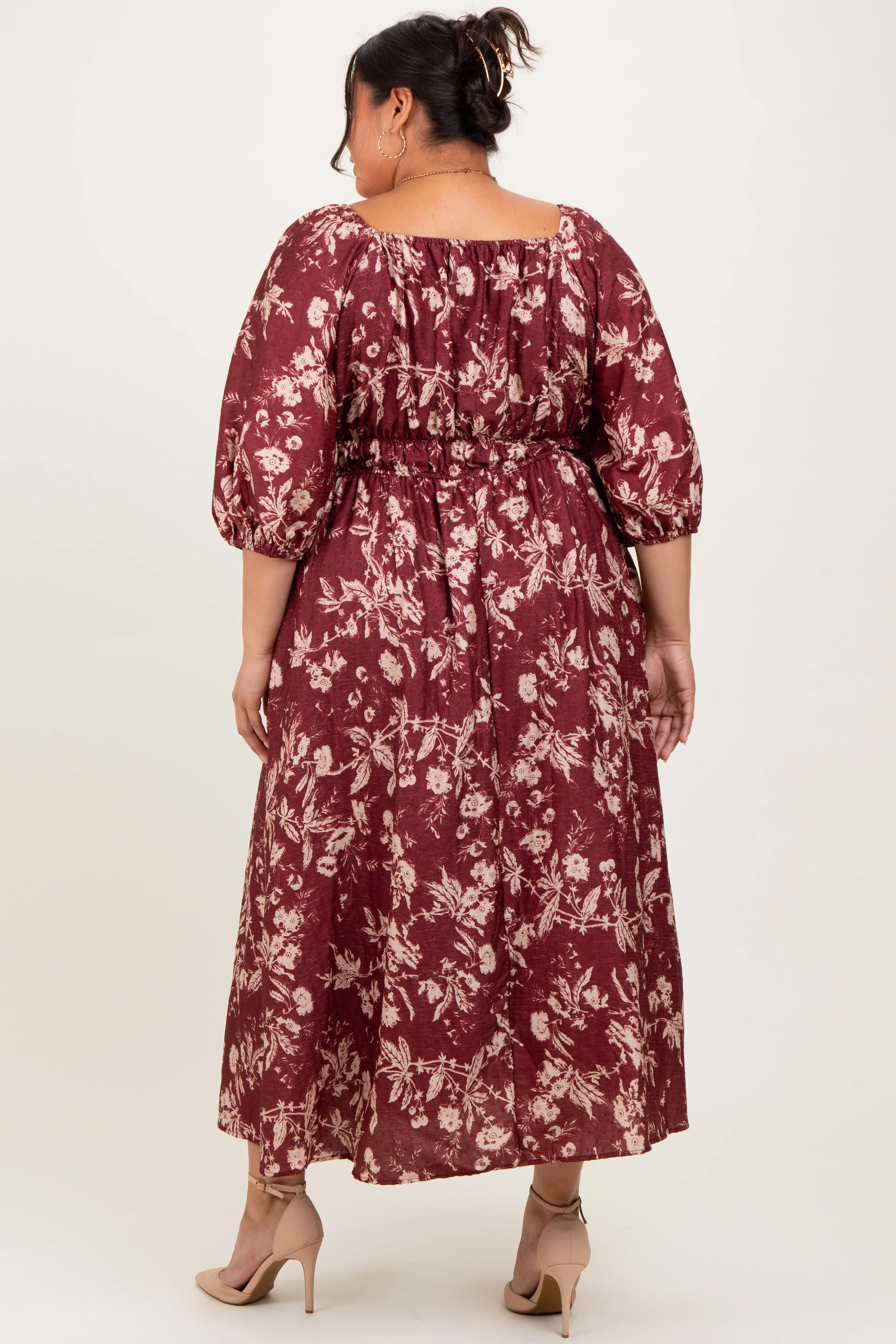 Burgundy Floral Textured Plus Midi Dress - Image 4