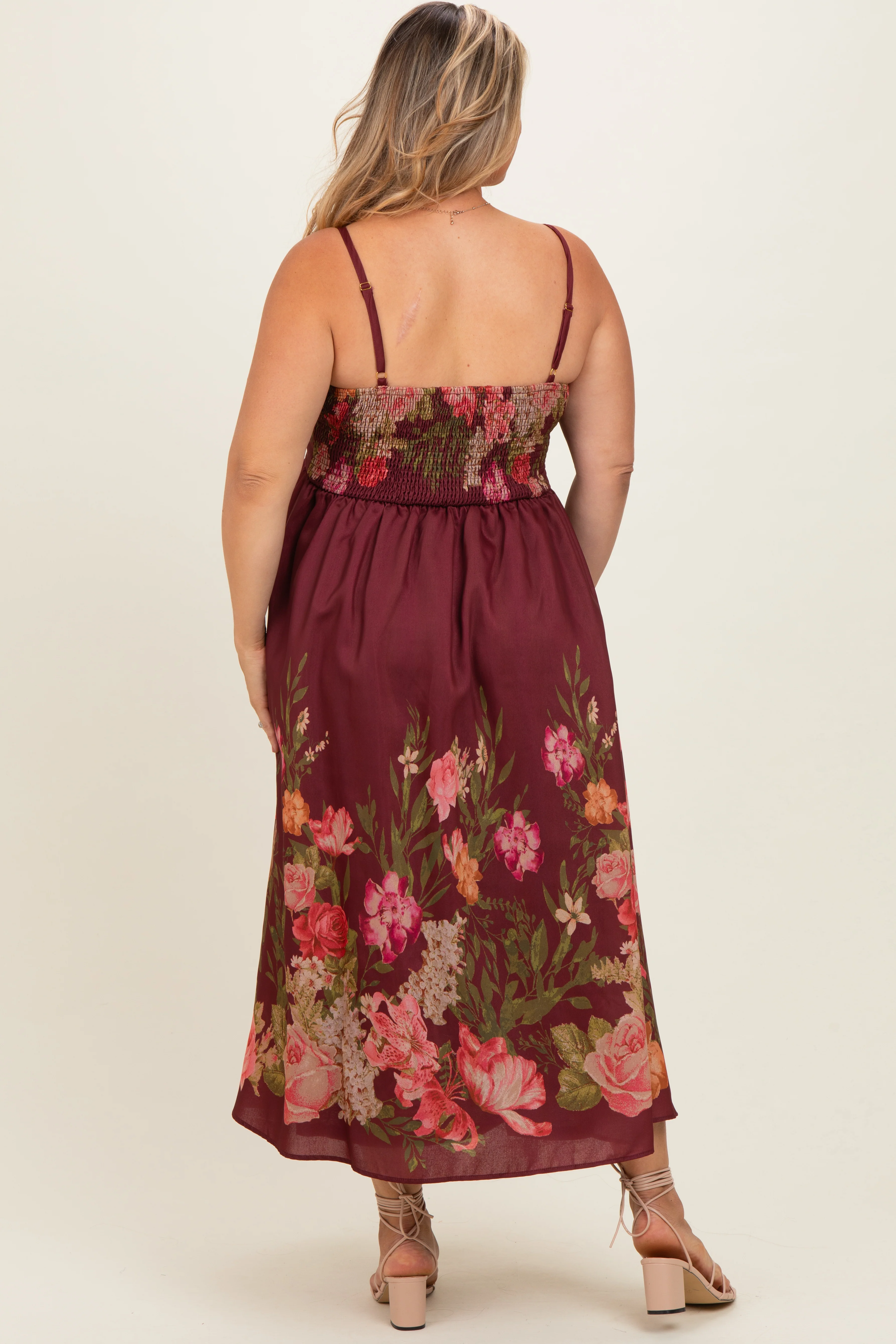 Burgundy Floral Thin Strap Maternity Plus Maxi Dress - Image 4
