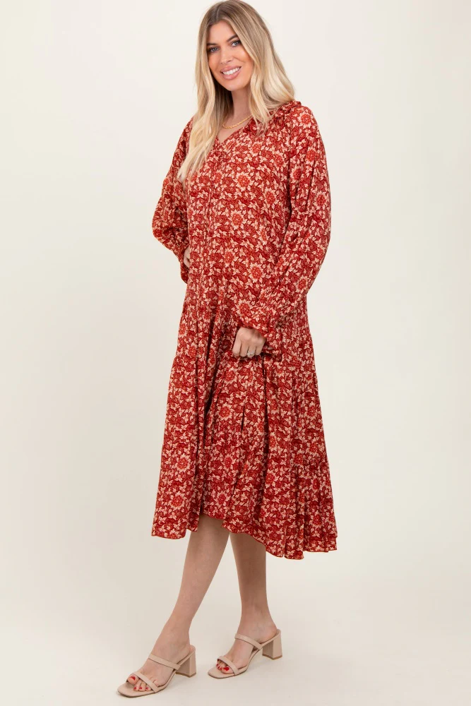 Burgundy Floral Tie Neckline Tiered Maxi Dress - Image 3