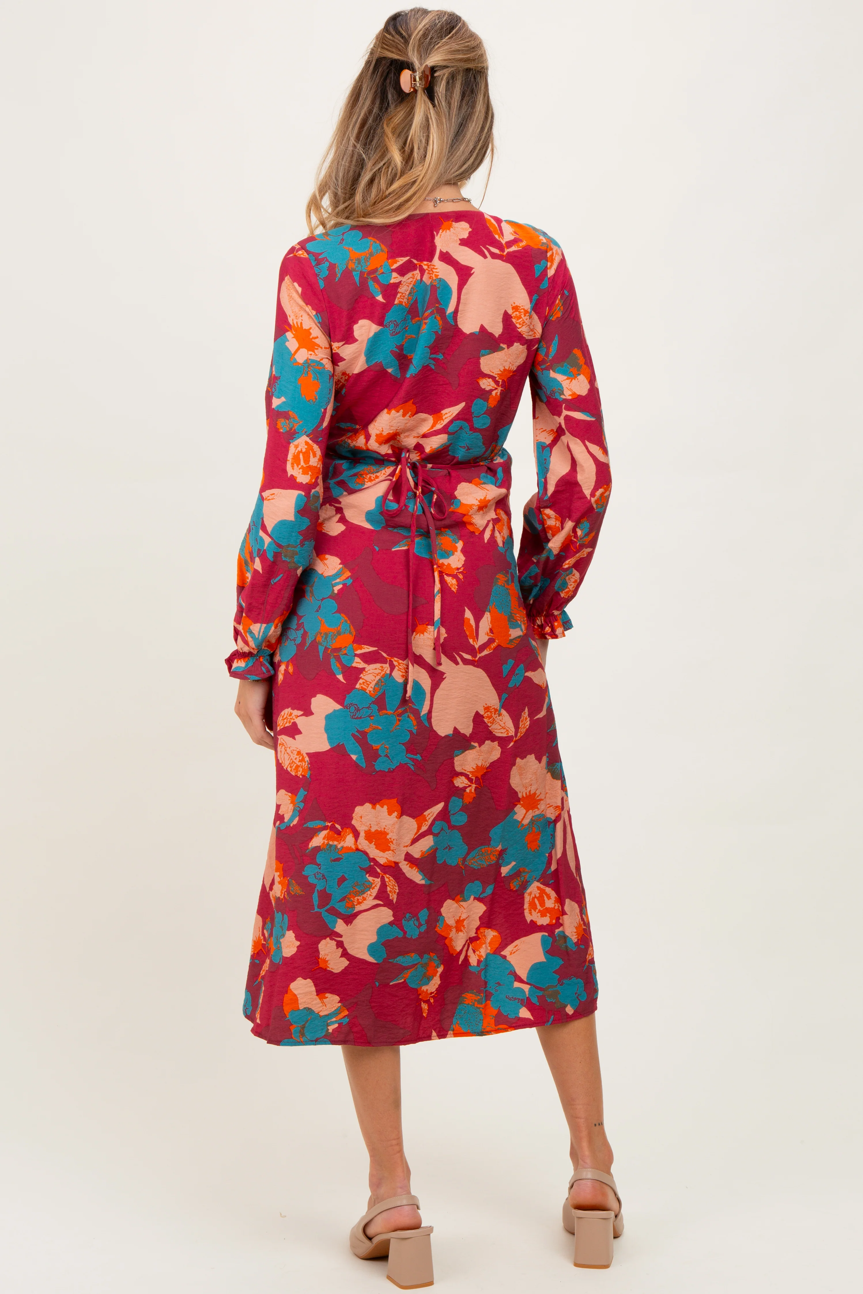 Burgundy Floral V-Neck Long Sleeve Maternity Dress - Image 4