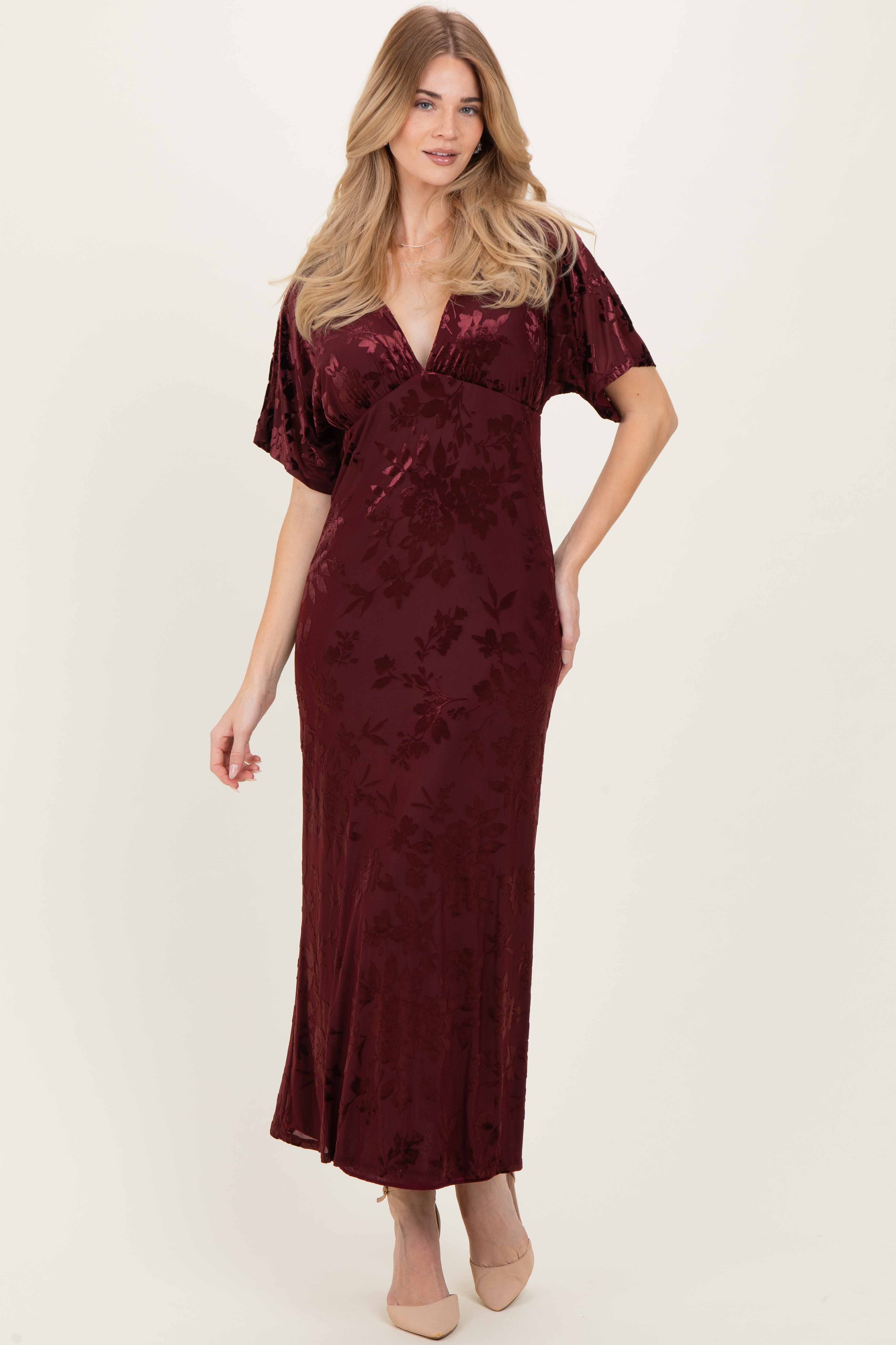Burgundy Floral Velvet V-Neck Short Sleeve Maternity Maxi Dress - Image 5