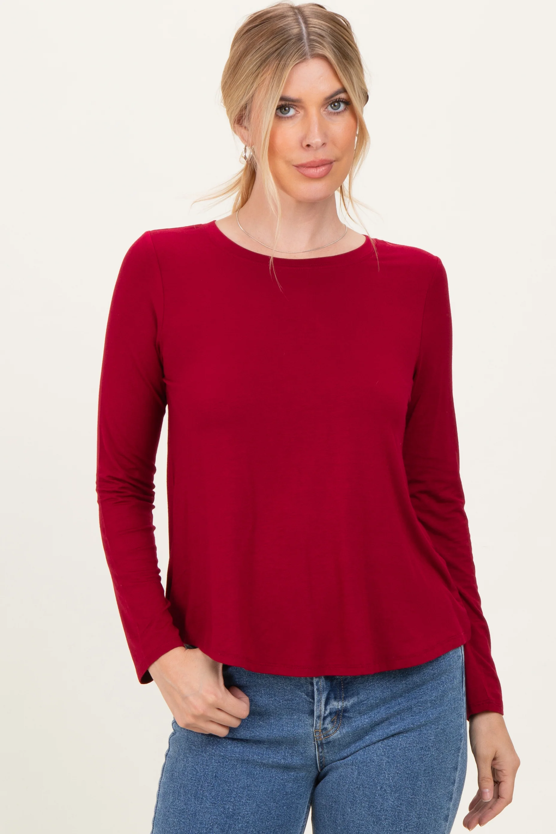 Burgundy Flowy Round Hem Maternity Long Sleeve Top - Image 7
