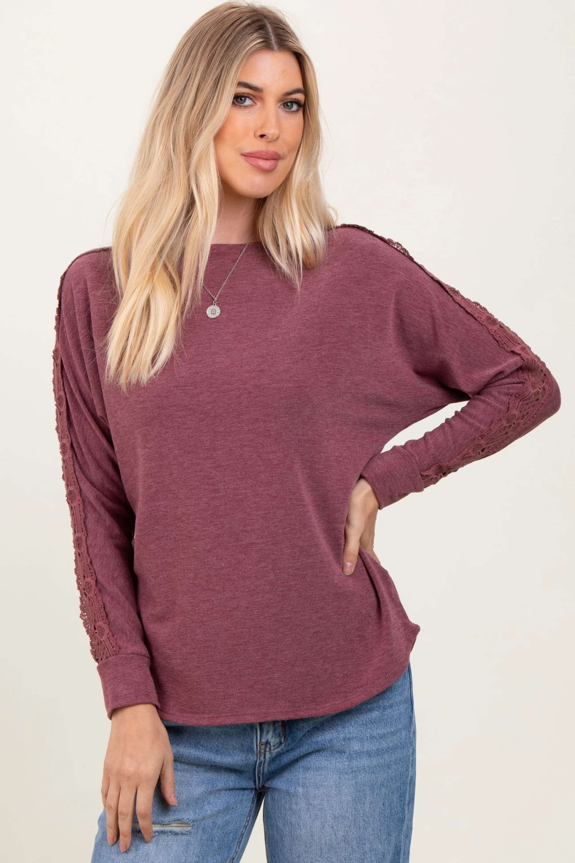 Burgundy French Terry Lace Trim Long Sleeve - Image 2