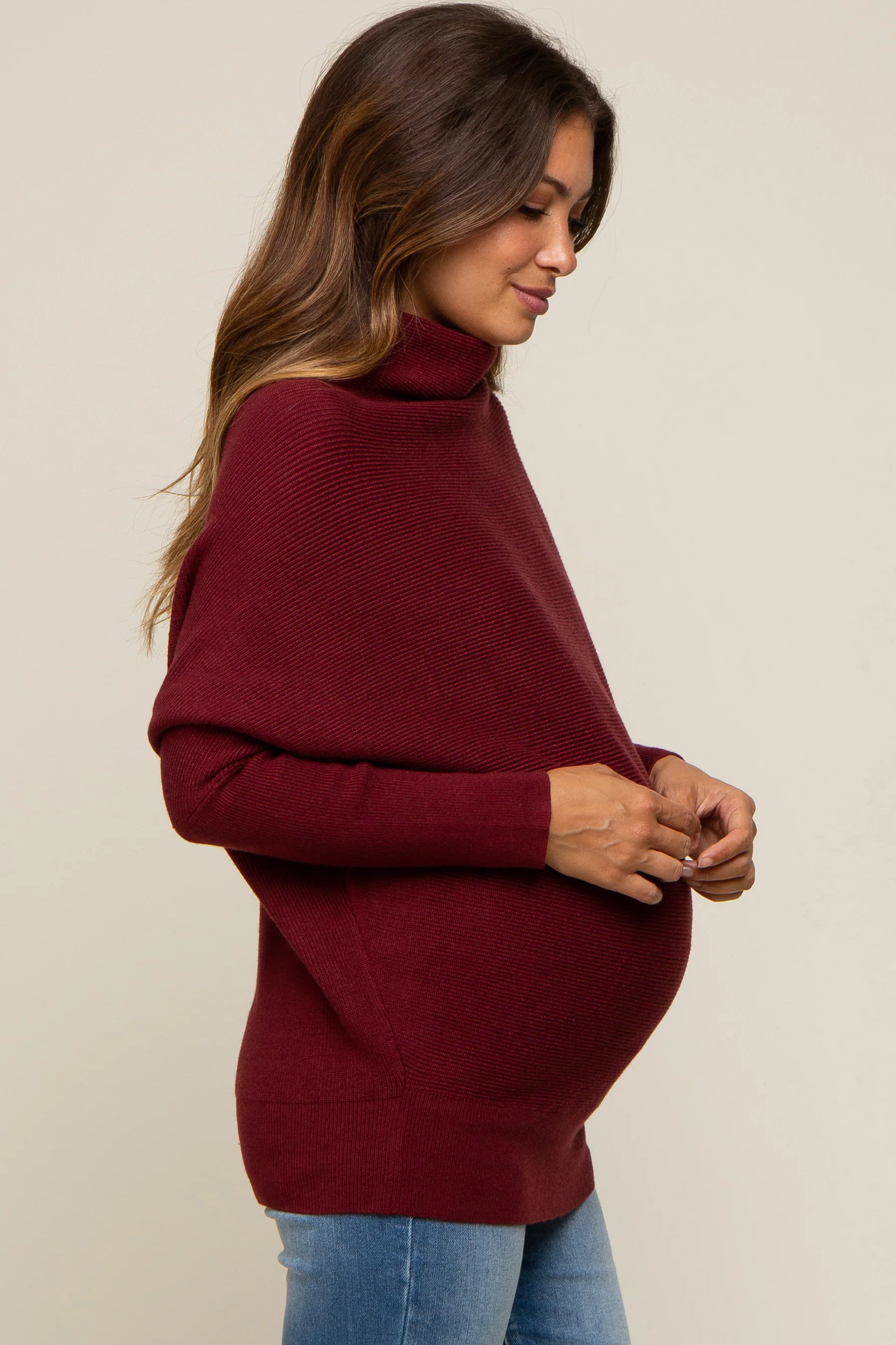 Burgundy Funnel Neck Dolman Sleeve Maternity Sweater - Image 2