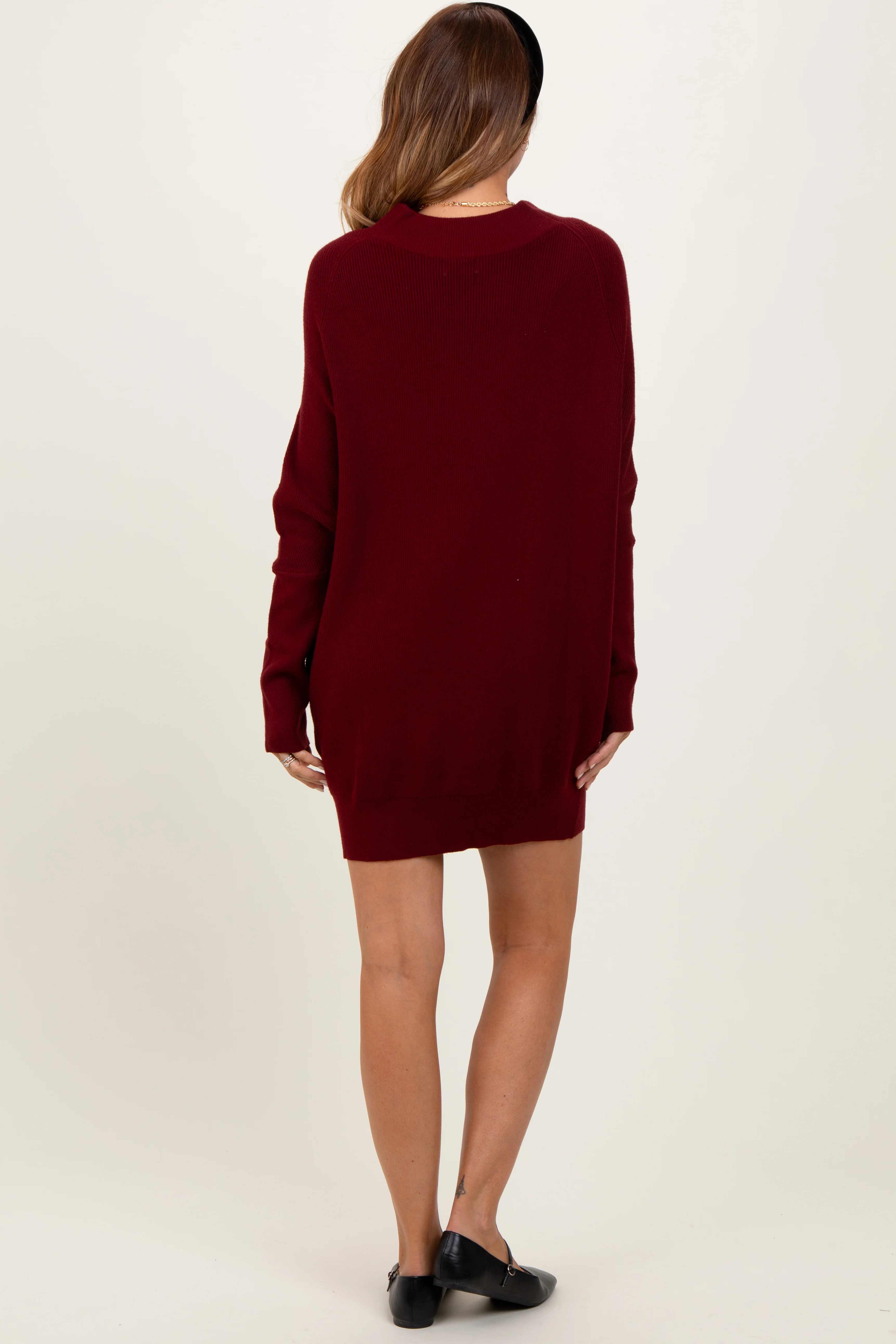 Burgundy Funnel Neck Dolman Sleeve Mini Dress - Image 4