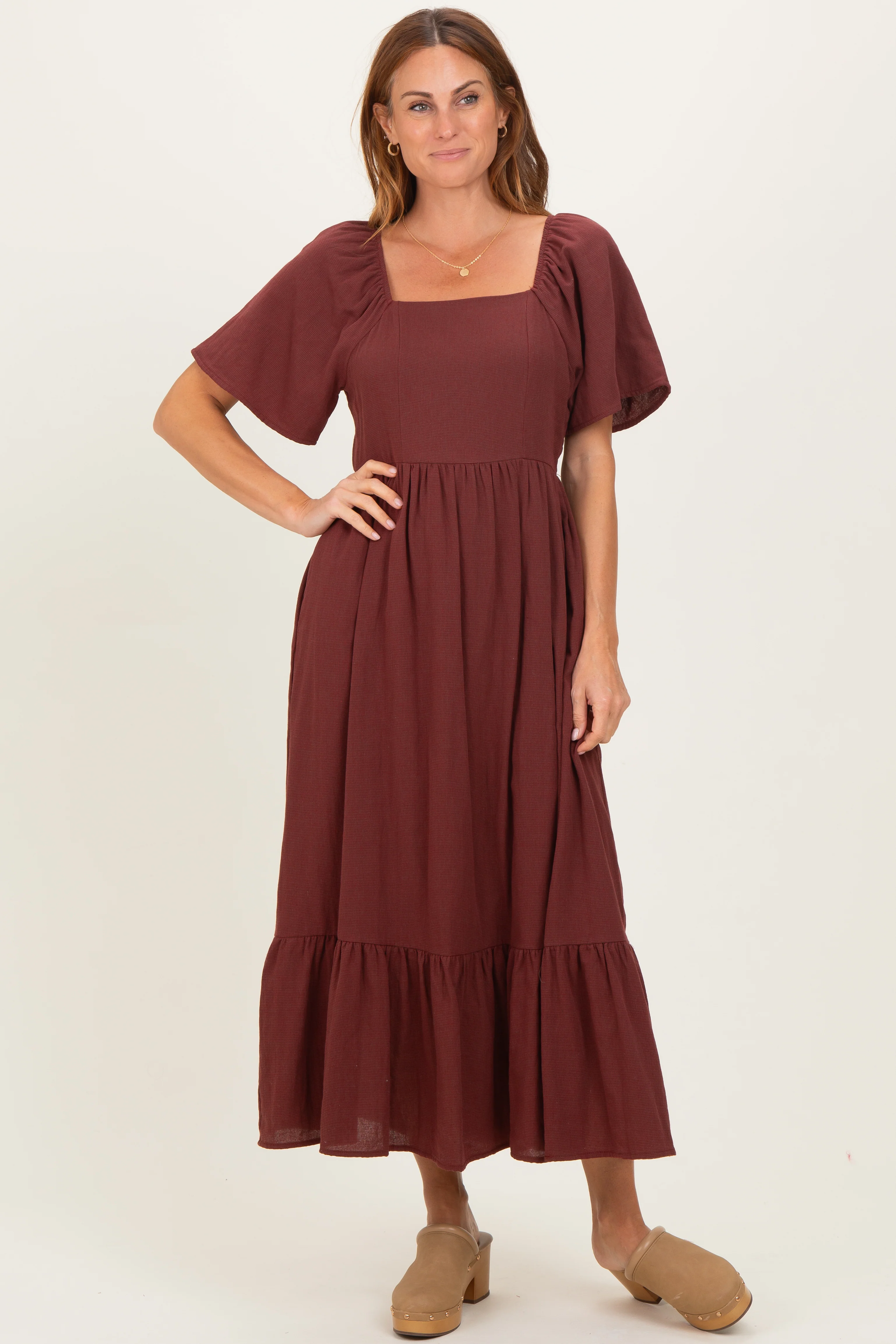 Burgundy Gingham Square Neck Ruffle Midi Dress - Image 2