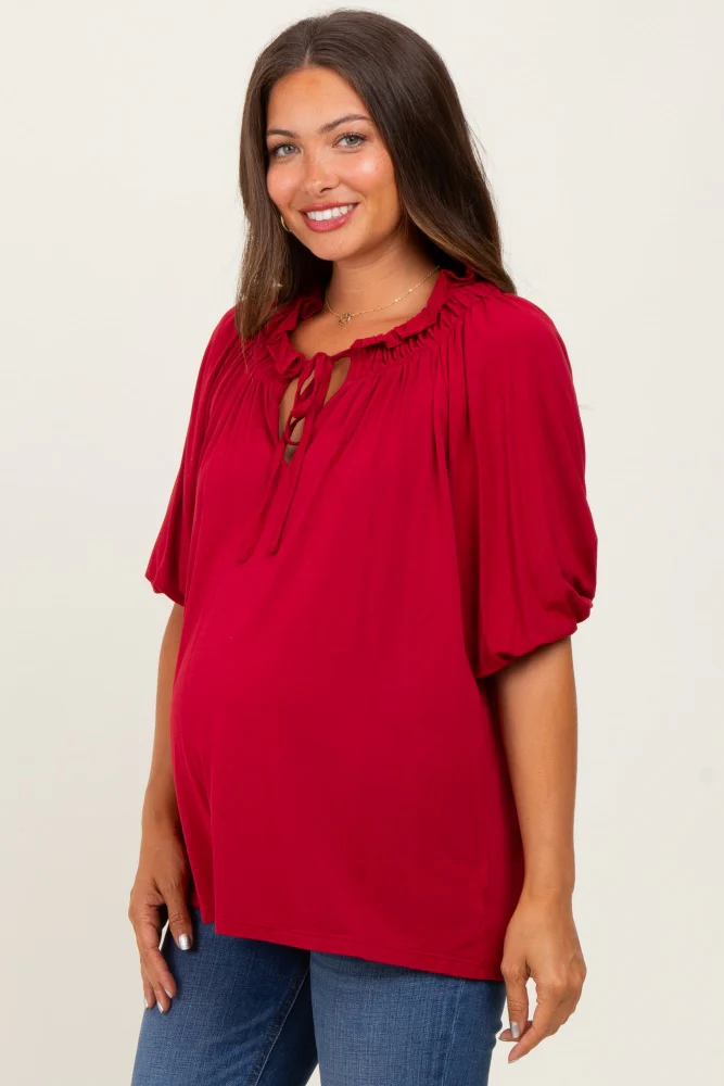 Burgundy  Half Balloon Sleeve Maternity Top - Image 3