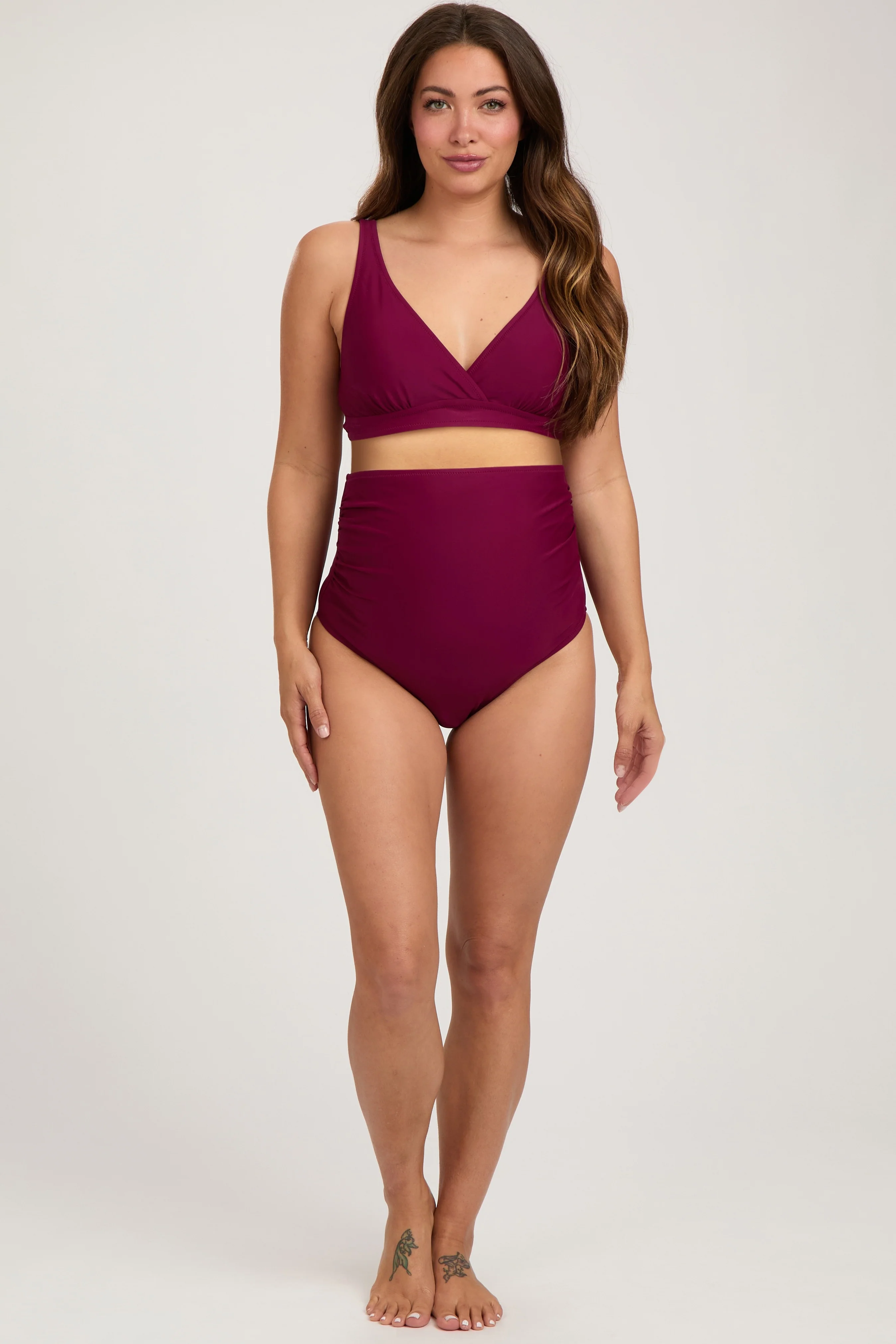 Burgundy High Waist Maternity Bikini Set - Image 2