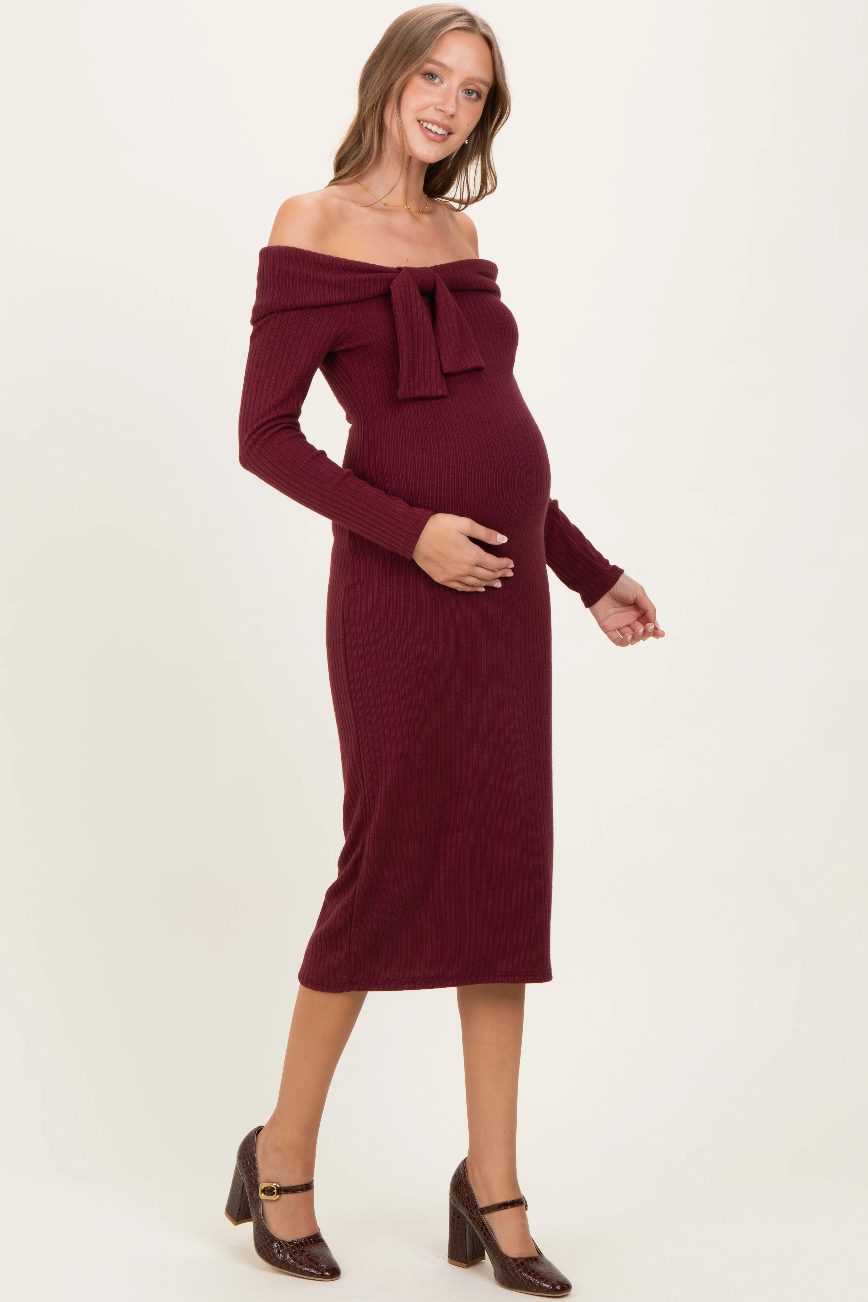 Burgundy Knit Off Shoulder Bow Detail Maternity Midi Dress - Image 3