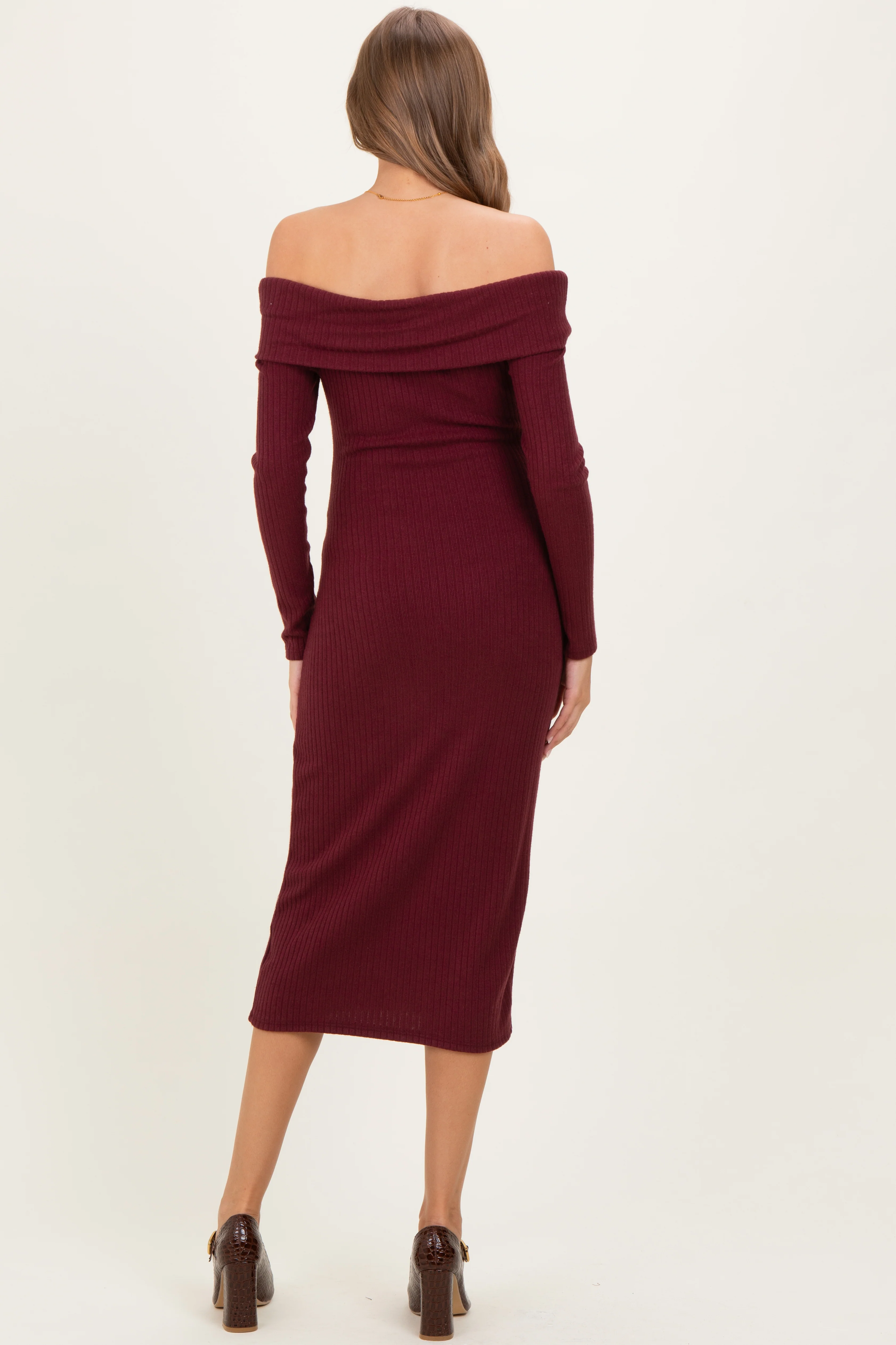Burgundy Knit Off Shoulder Bow Detail Maternity Midi Dress - Image 4