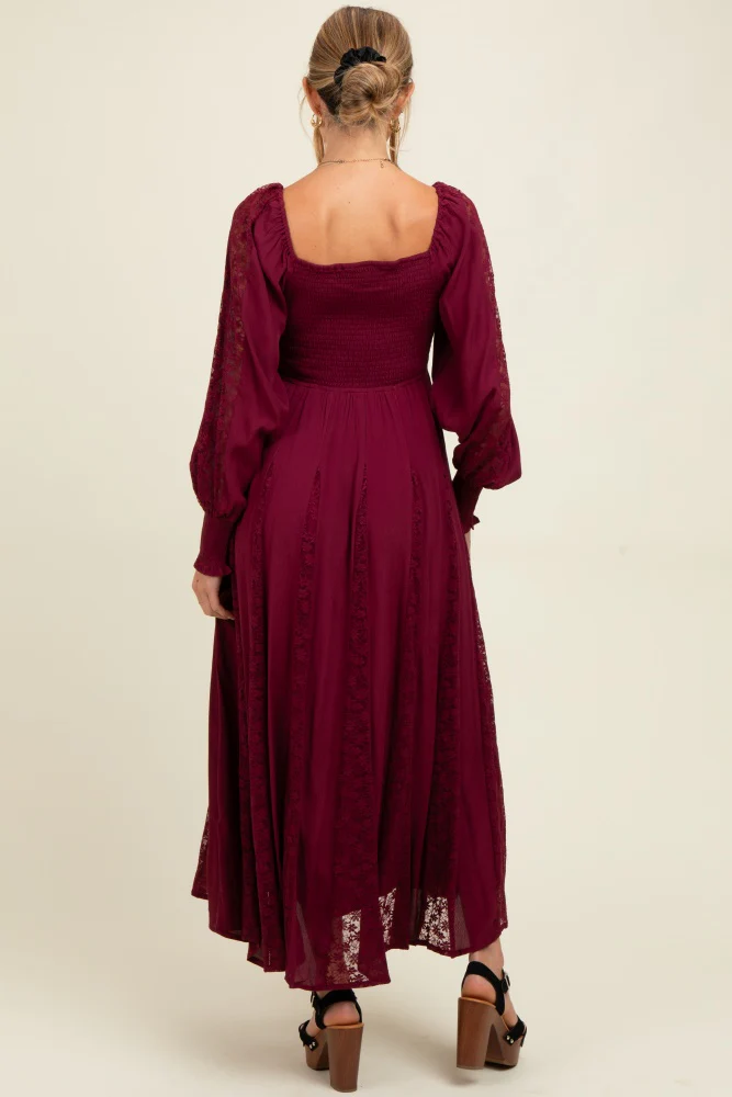 Burgundy Lace Inset Smocked Maternity Maxi Dress - Image 3