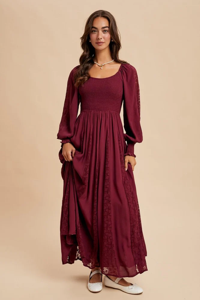 Burgundy Lace Inset Smocked Maternity Maxi Dress - Image 4