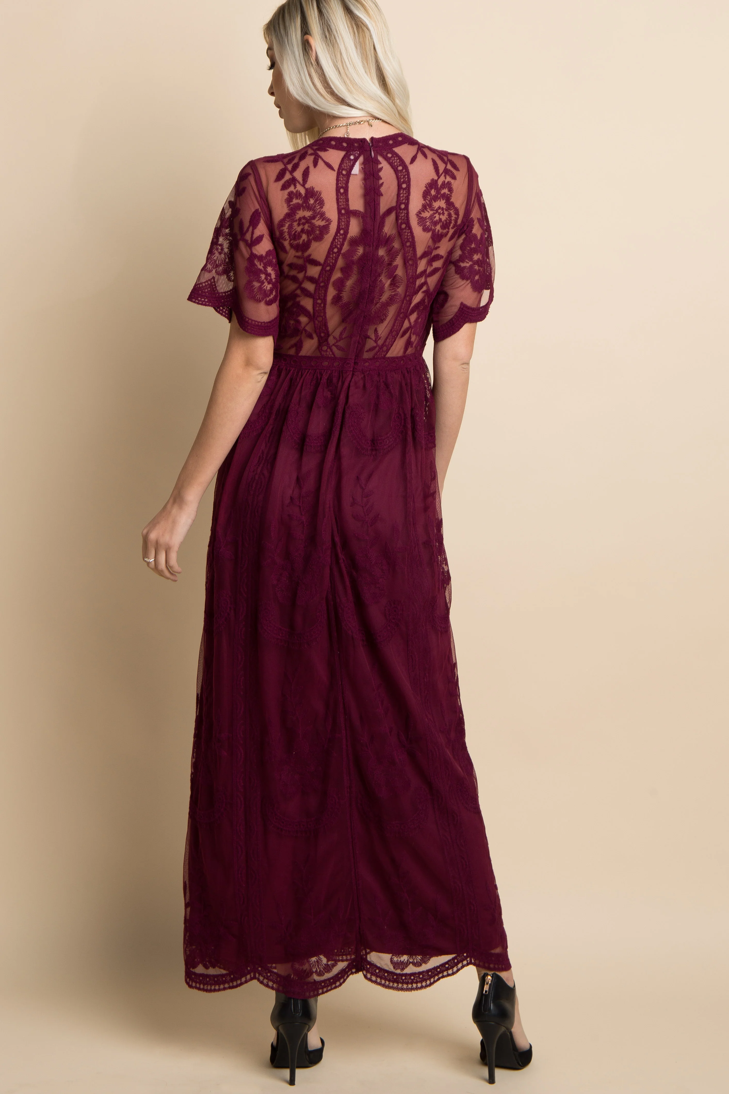 Burgundy Lace Mesh Overlay Maxi Dress - Image 3
