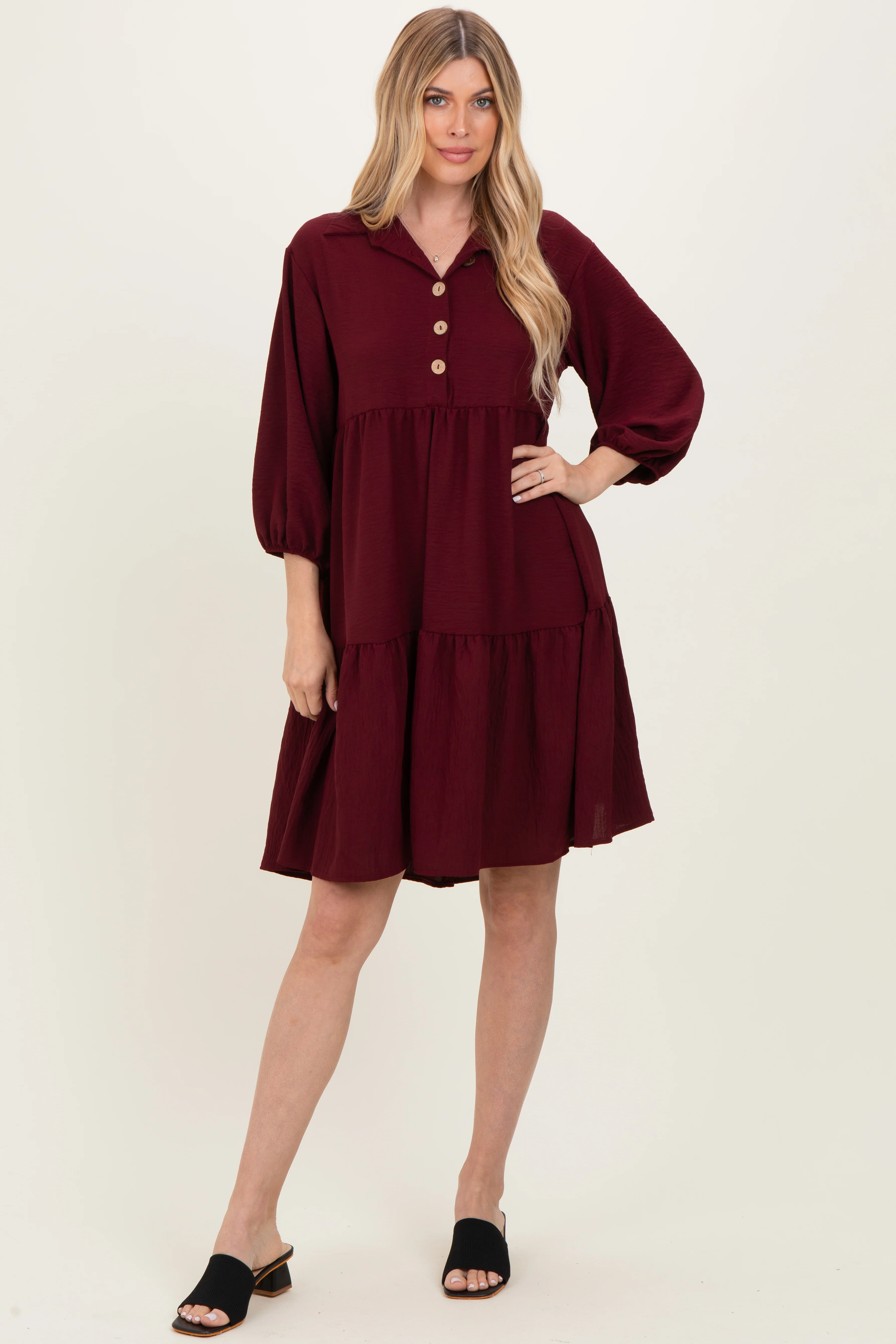 Burgundy Long Sleeve Button Down Collared Tiered Maternity Dress - Image 4