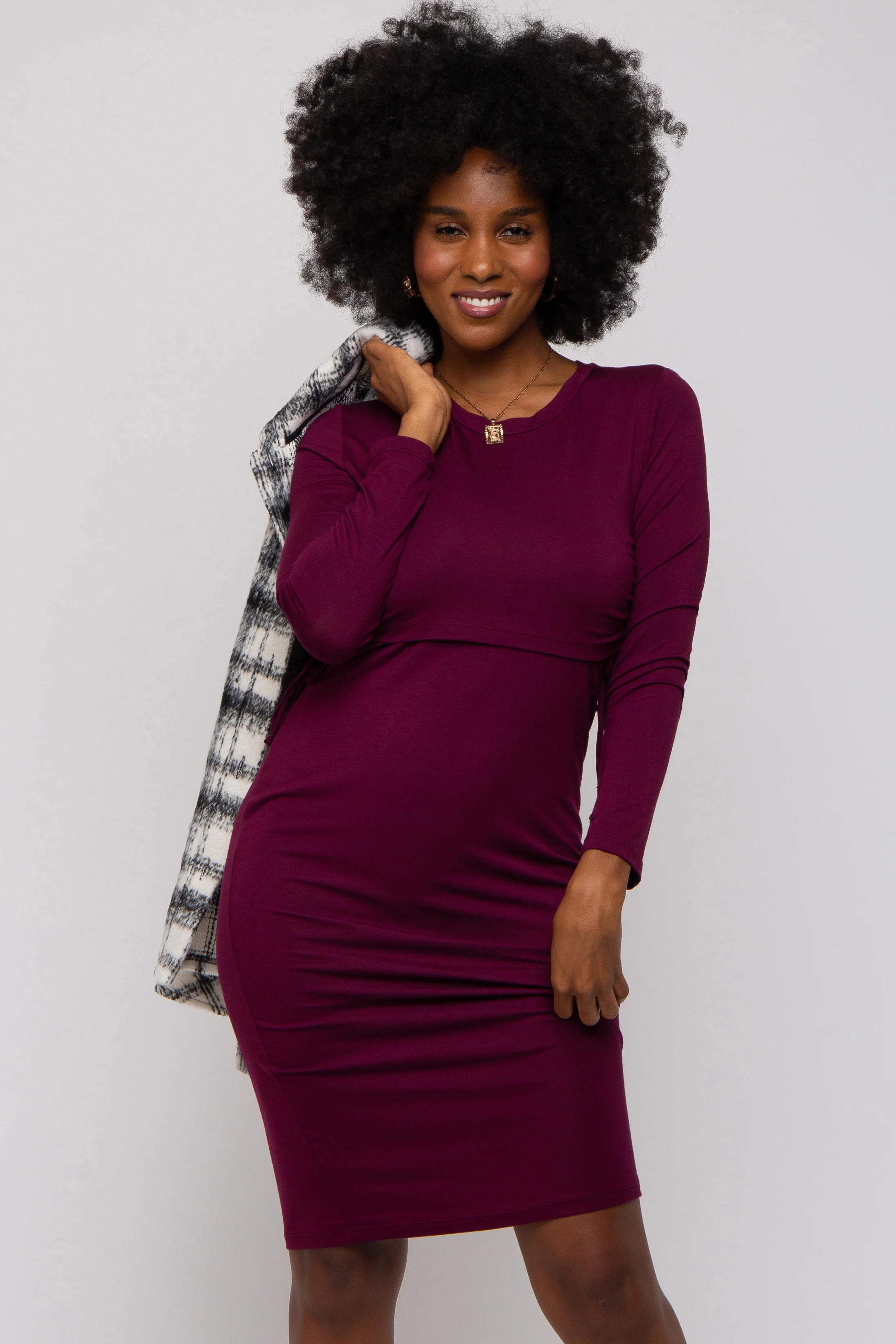 Burgundy Long Sleeve Maternity Nursing Dress - Image 4
