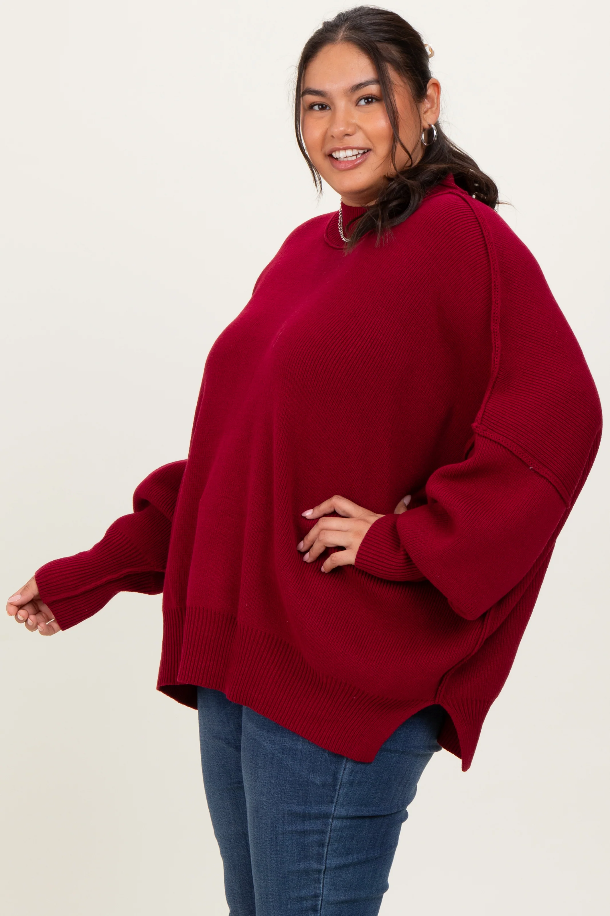 Burgundy Mock Neck Exposed Seam Sweater - Image 3
