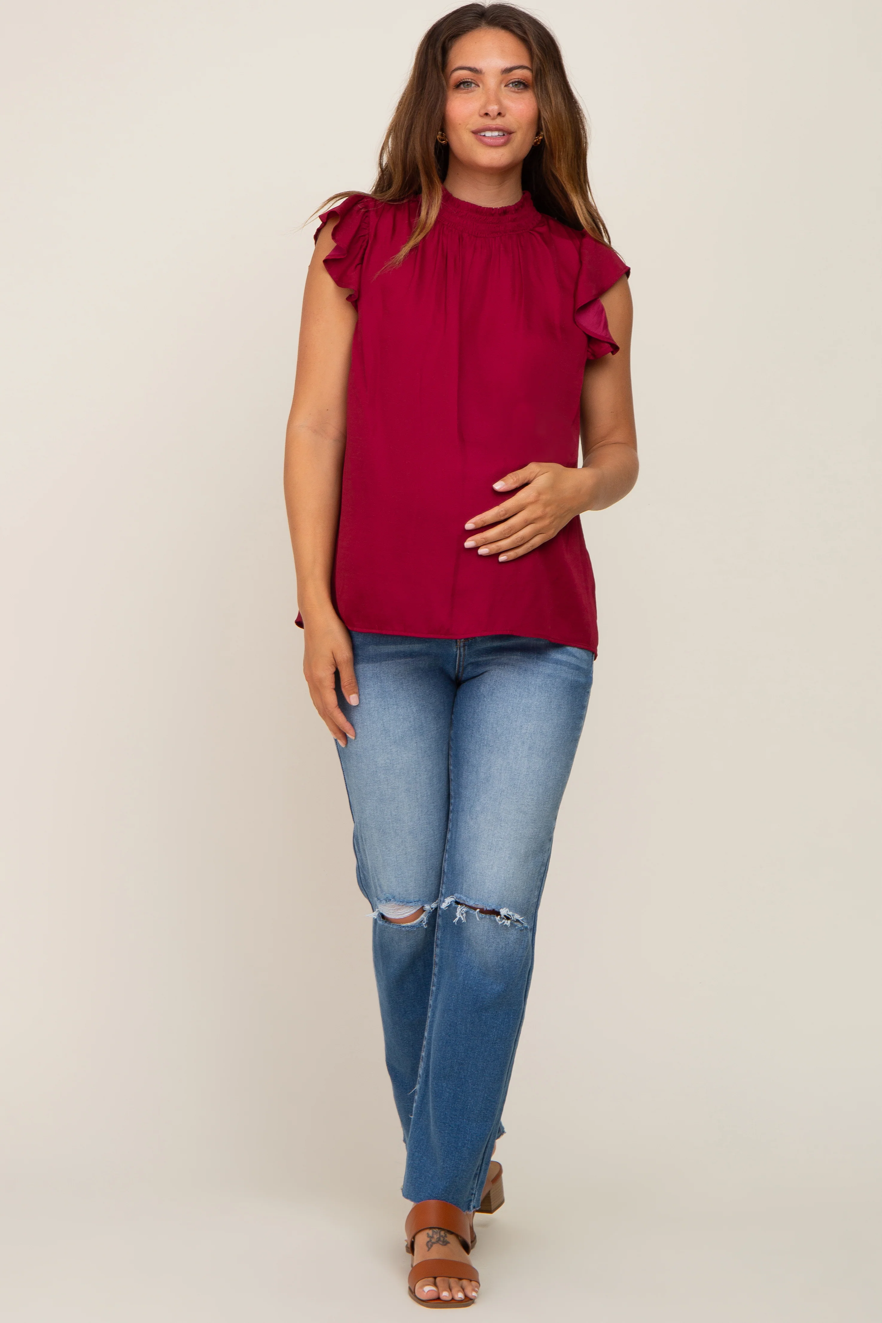Burgundy Mock Neck Flutter Maternity Blouse - Image 4
