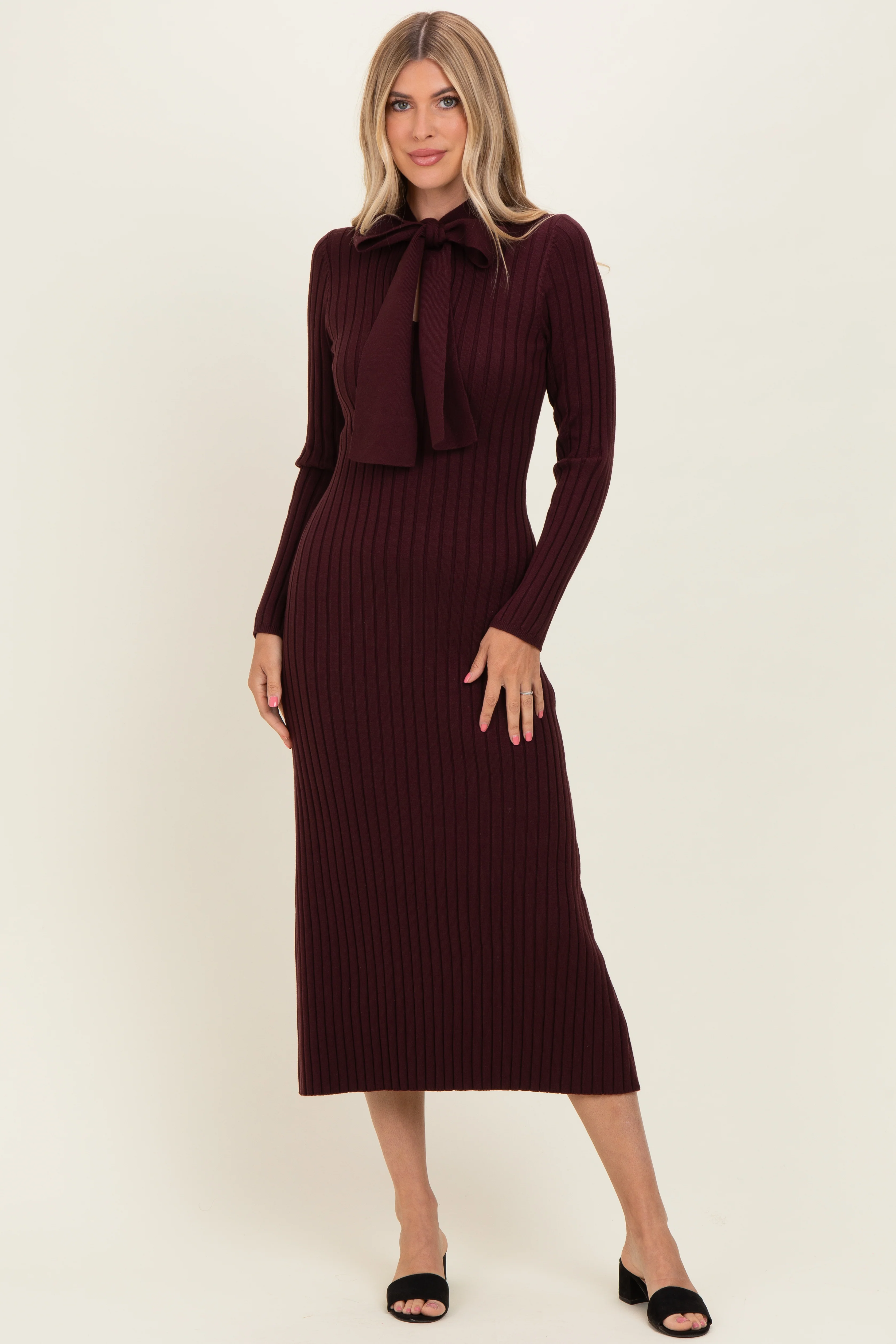 Burgundy Neck Tie Sweater Maternity Dress - Image 4