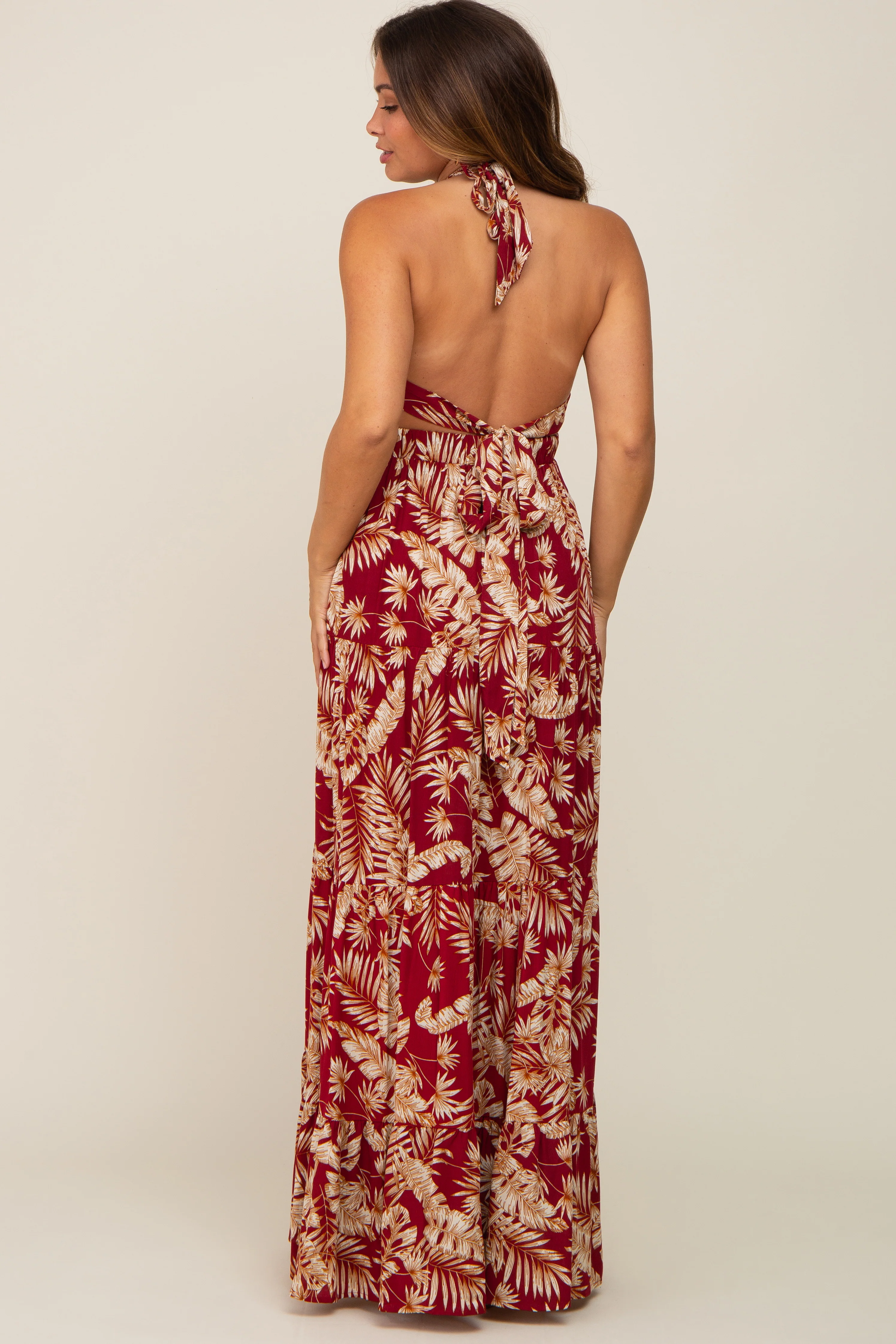 Burgundy Palm Open Back Halter Tiered Maternity Maxi Dress - Image 4