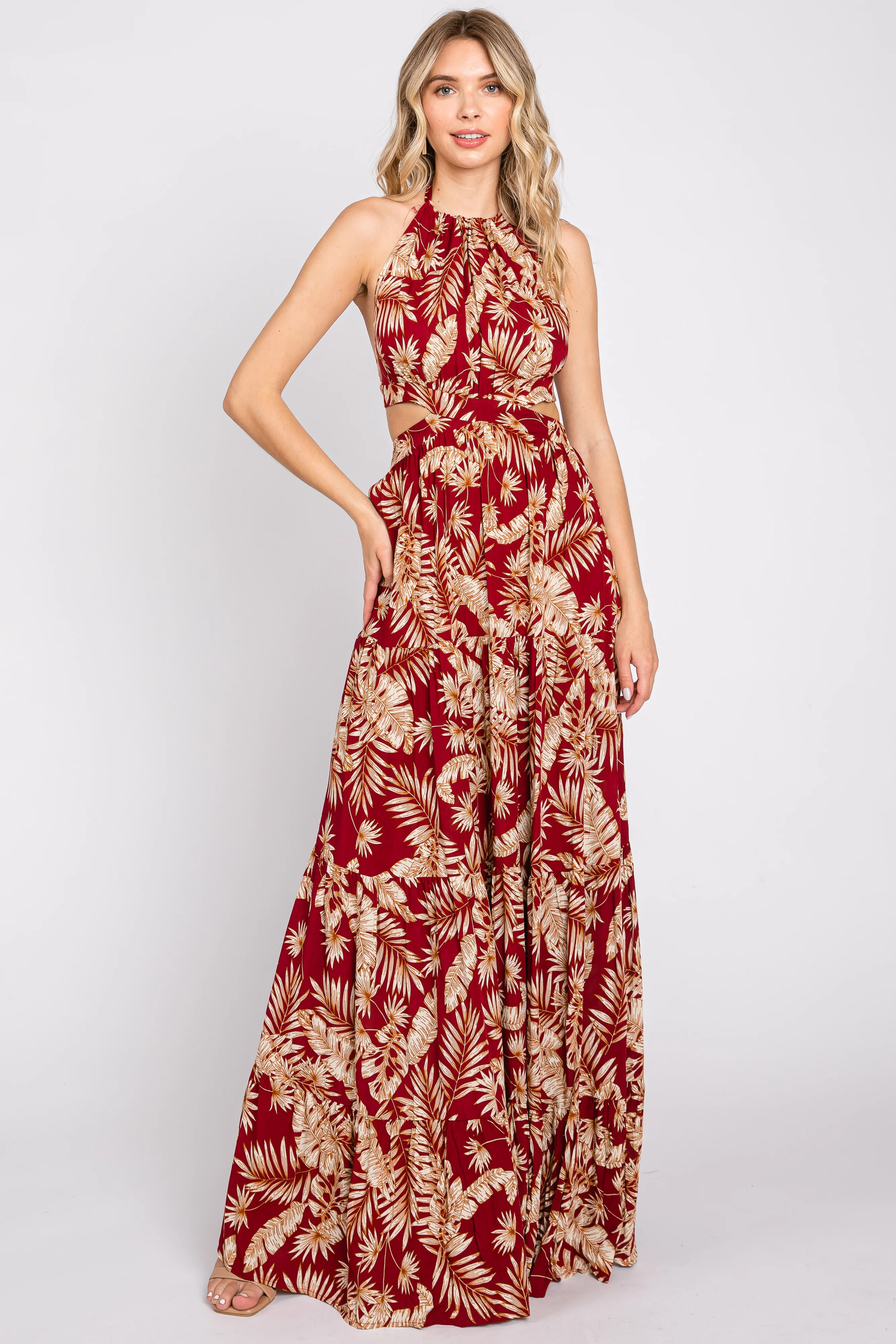 Burgundy Palm Open Back Halter Tiered Maternity Maxi Dress - Image 5