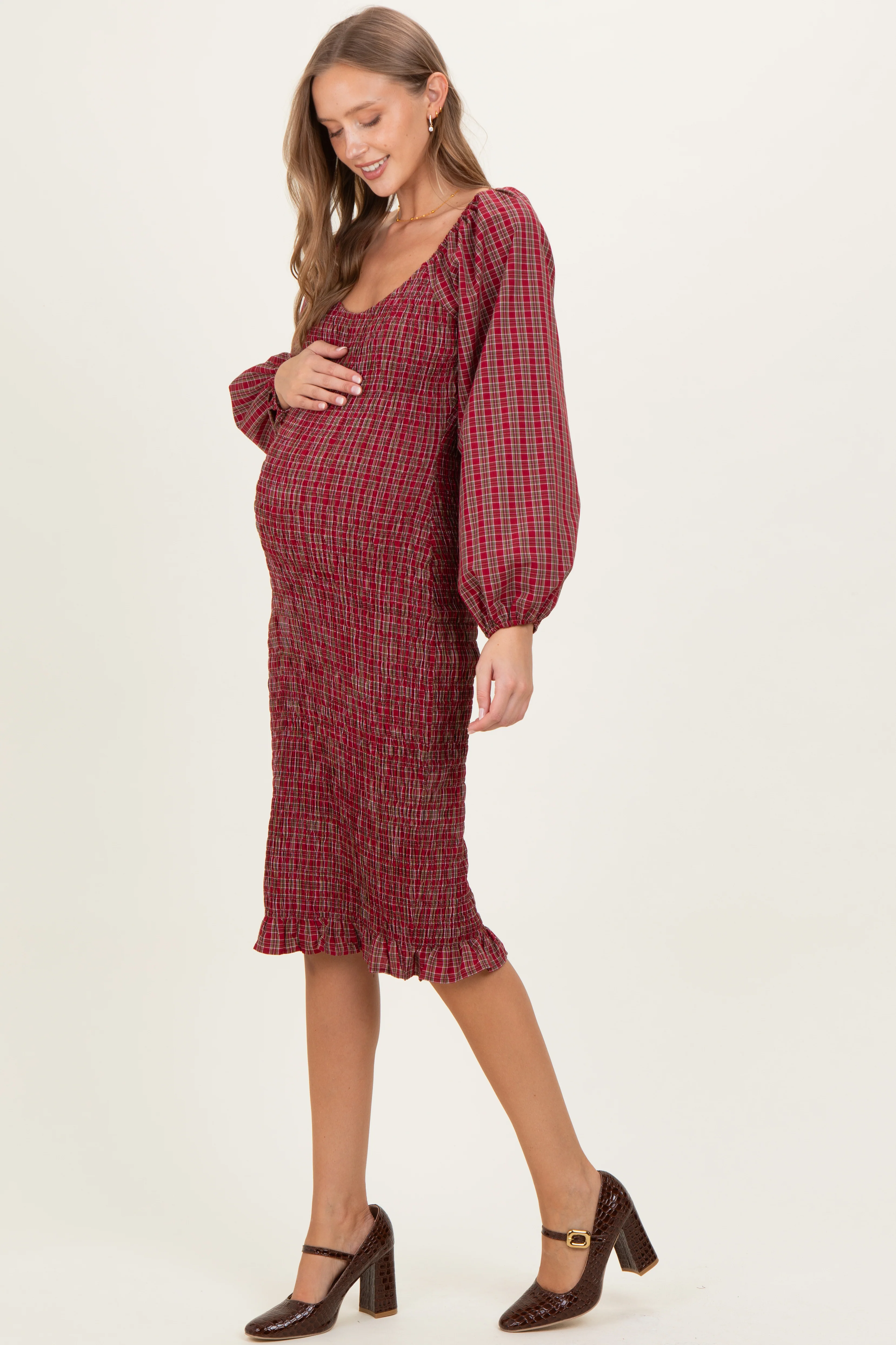 Burgundy Plaid Long Sleeve Bodycon Maternity Midi Dress - Image 2