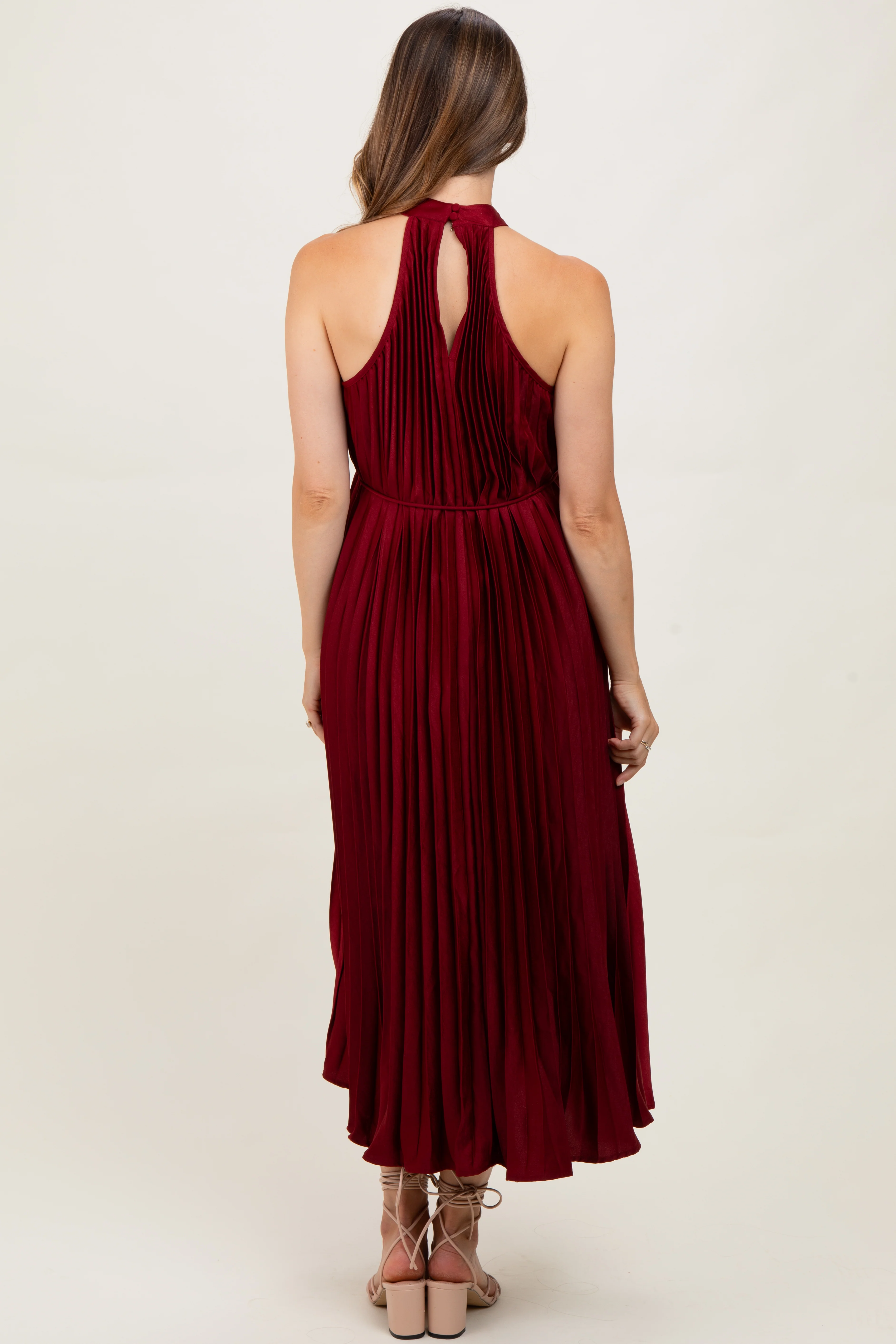 Burgundy Pleated Maternity Halter Dress - Image 3