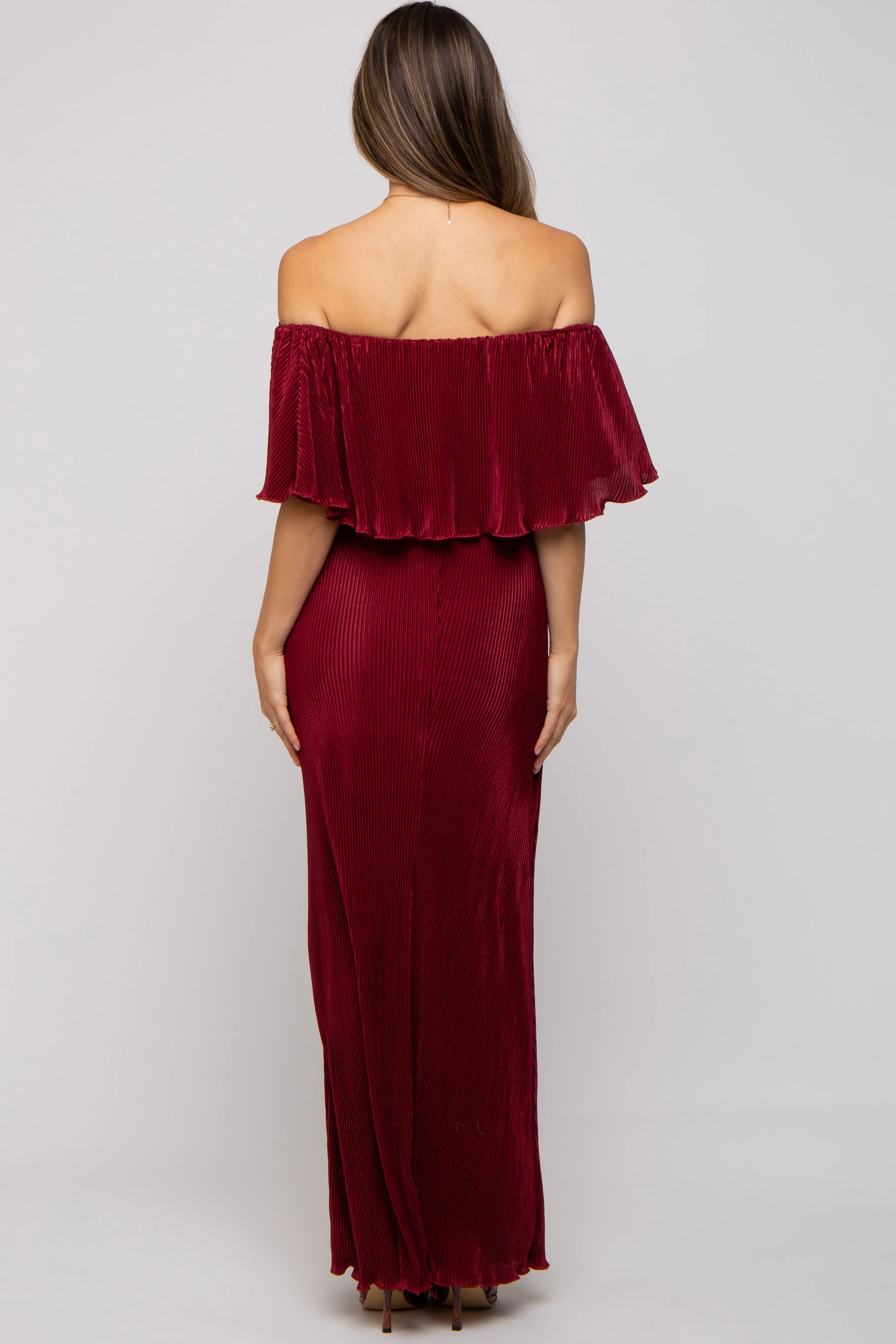 Burgundy Pleated Ruffle Off Shoulder Maternity Maxi Dress - Image 3