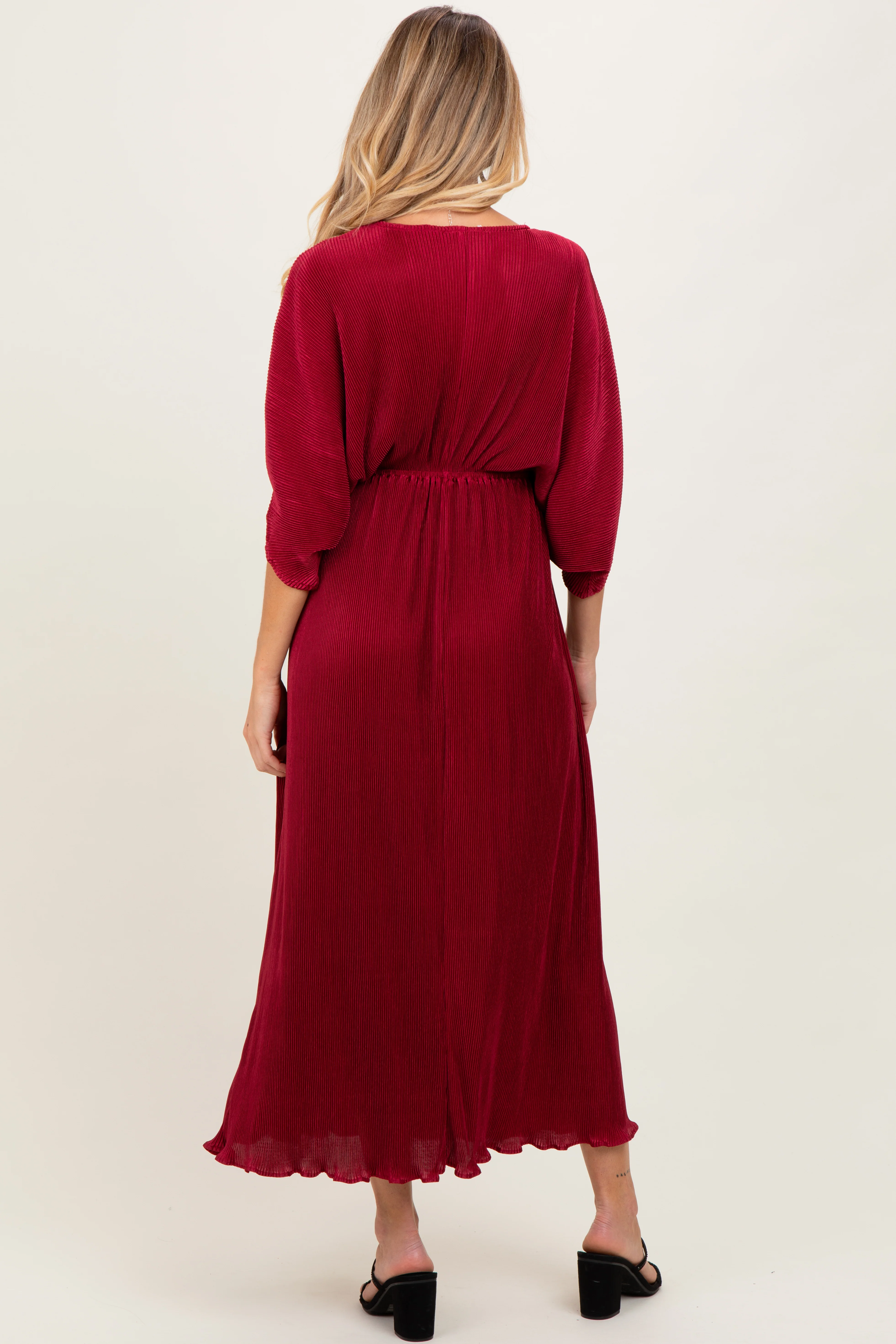 Burgundy Pleated Satin Dolman Sleeve Maternity Maxi Dress - Image 4