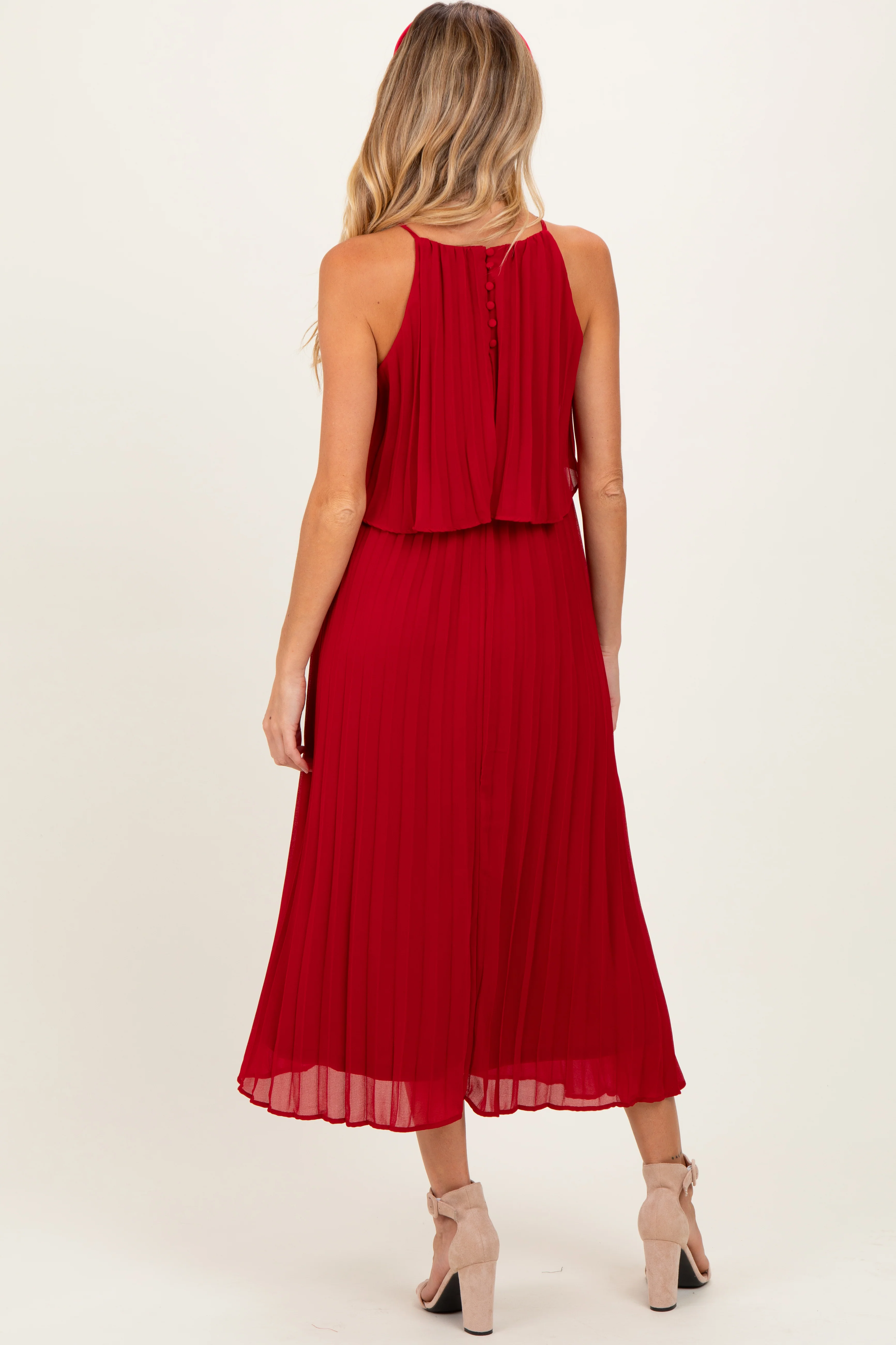 Burgundy Pleated Woven Maternity Midi Dress - Image 4