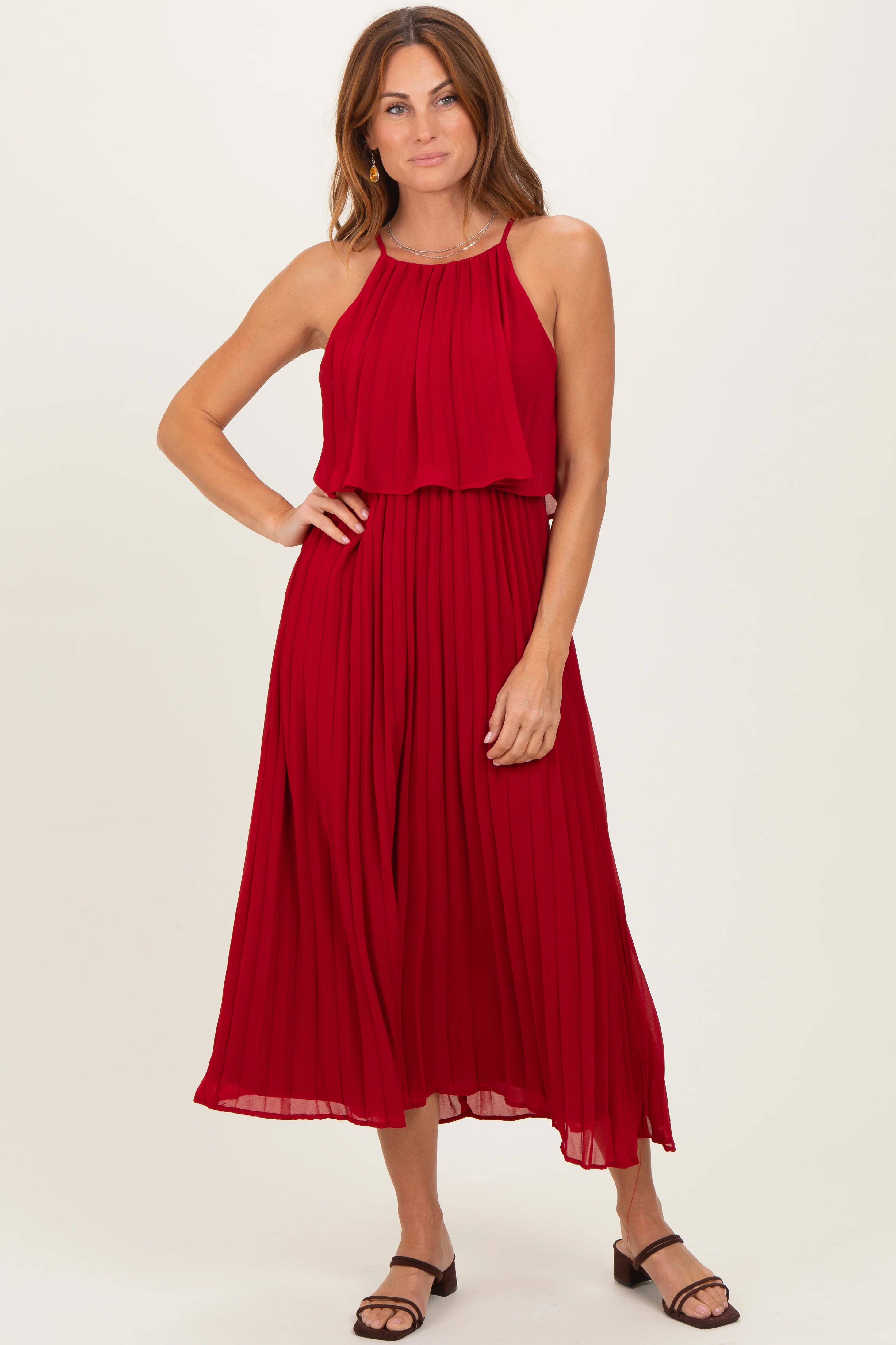 Burgundy Pleated Woven Maternity Midi Dress - Image 5