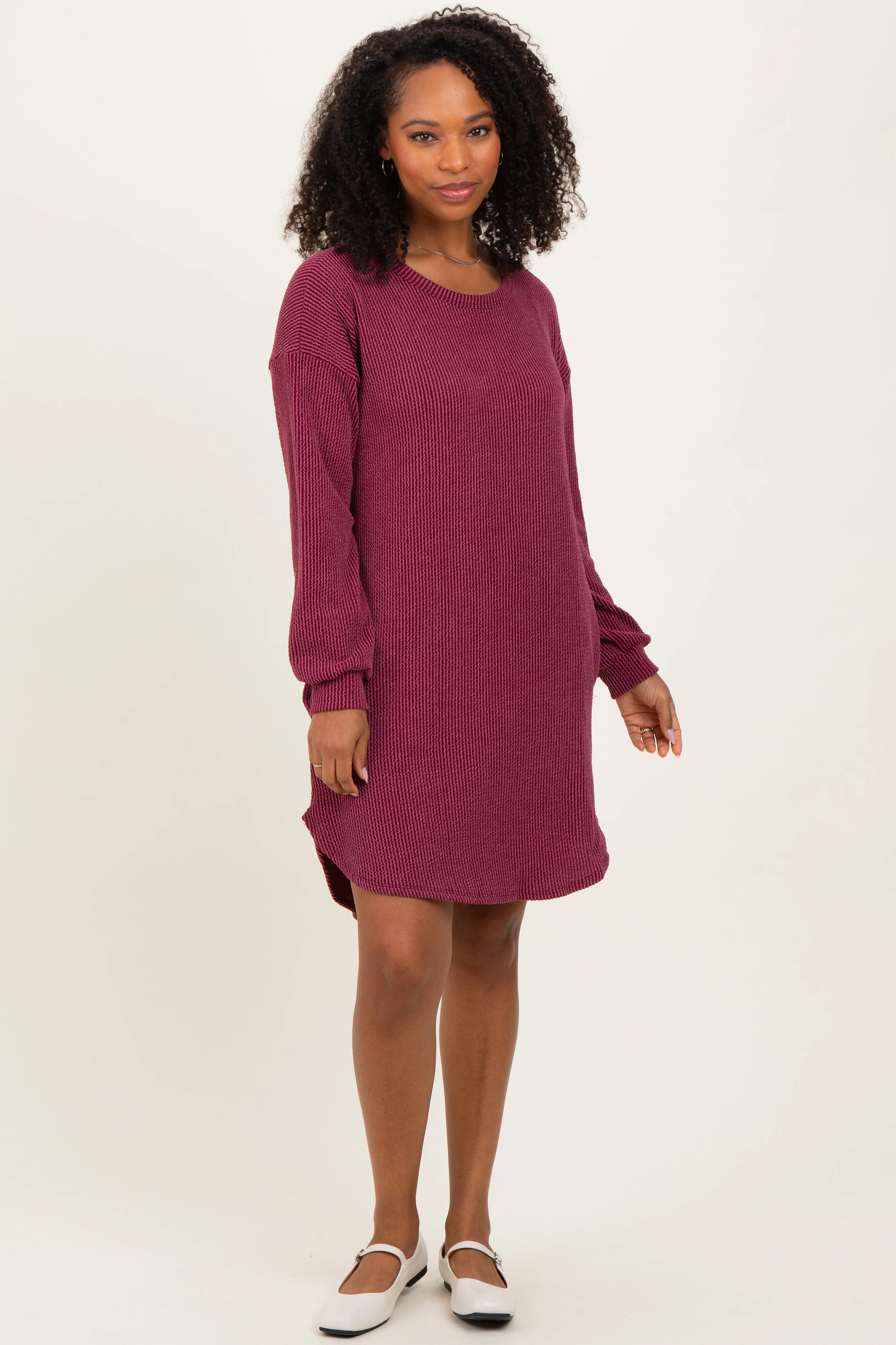 Burgundy Rib Knit Long Sleeve Maternity Dress - Image 6