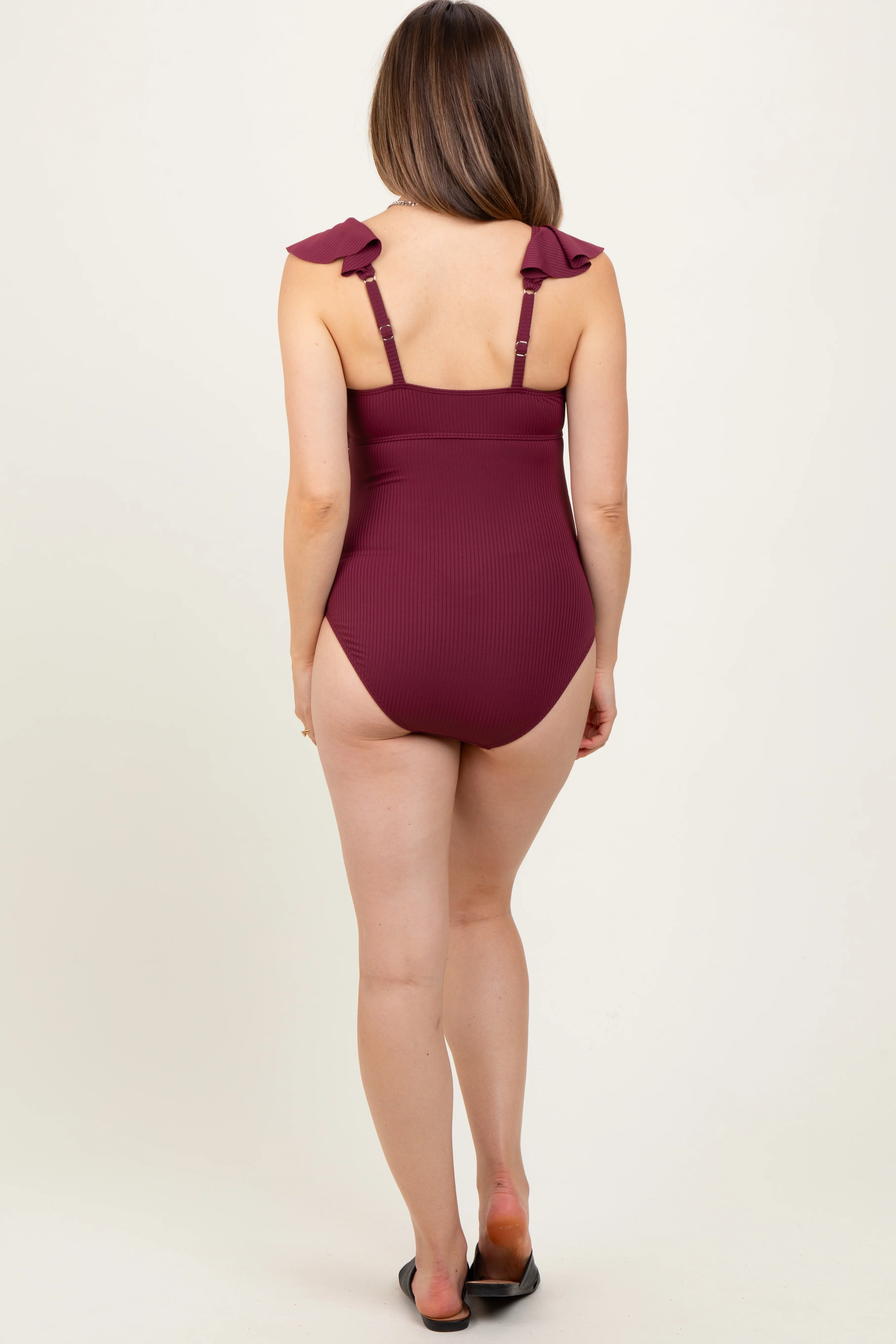 Burgundy Rib Ruffle V Neck Side Tie Knot Maternity Swimsuit - Image 4