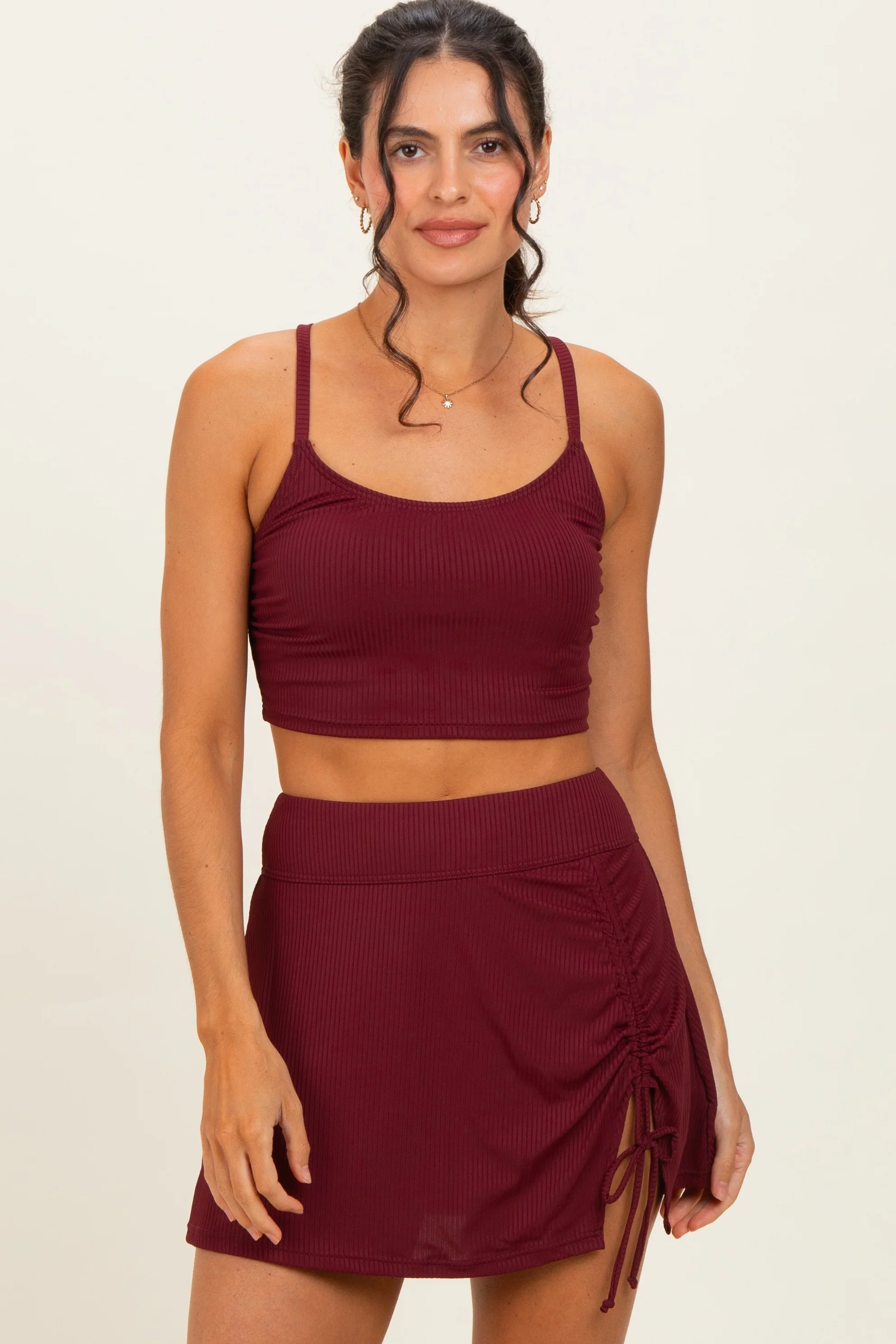Burgundy Ribbed Crop Tank Swim Skirt Maternity Set - Image 4