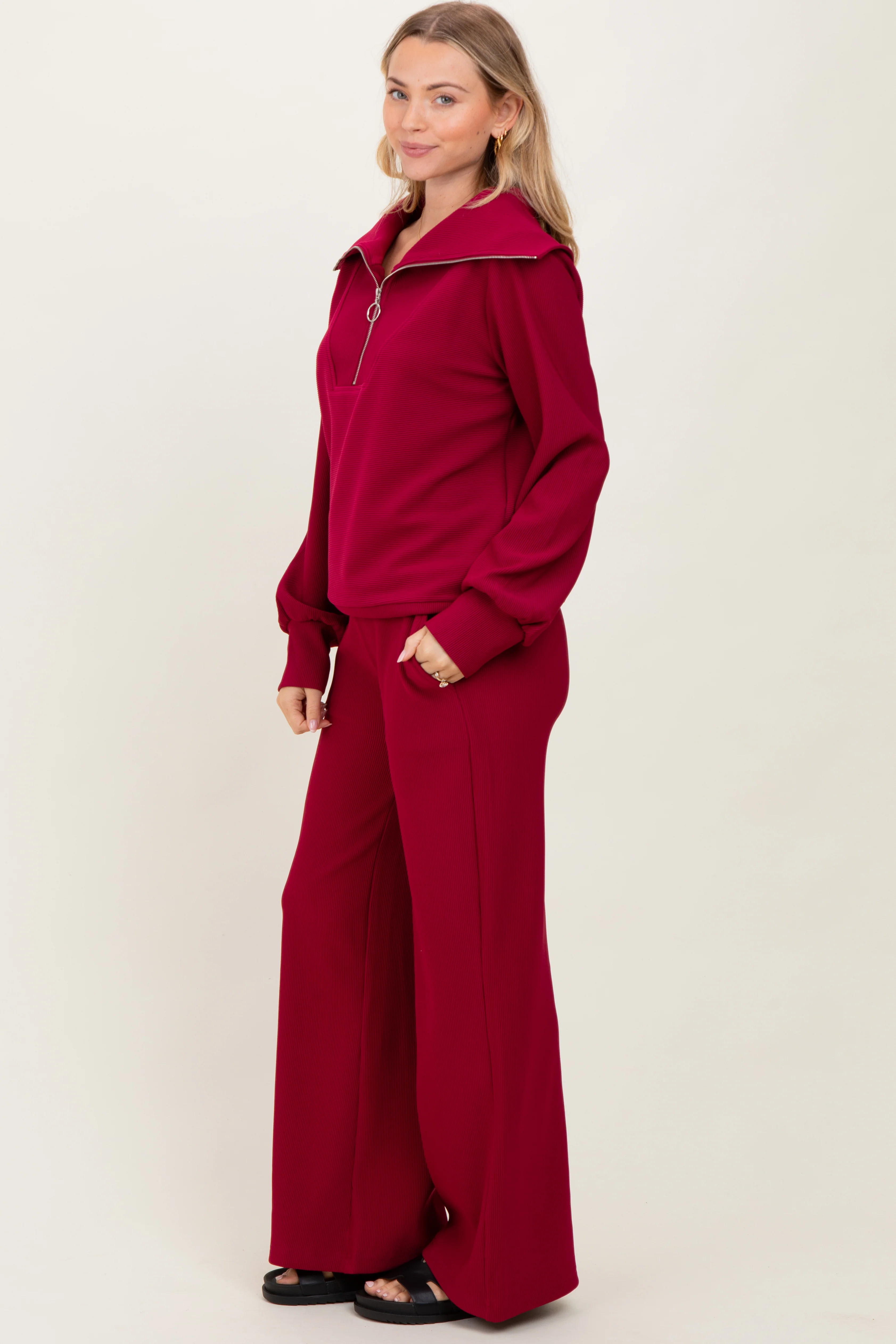 Burgundy RIbbed Half Zip Pullover Wide Leg Pant Maternity Set - Image 4