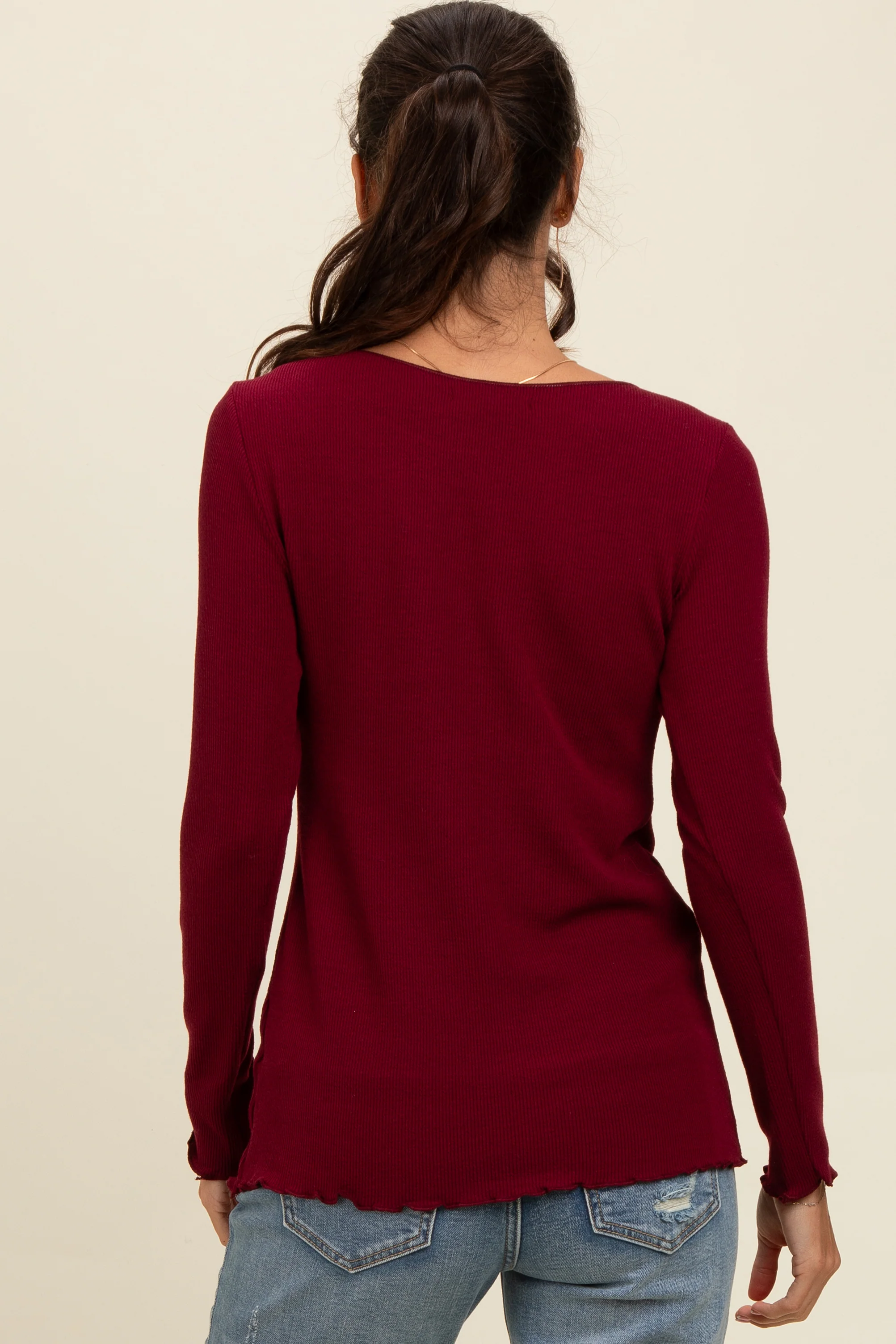 Burgundy Ribbed Knit Long Sleeve Lettuce Hem Top - Image 3