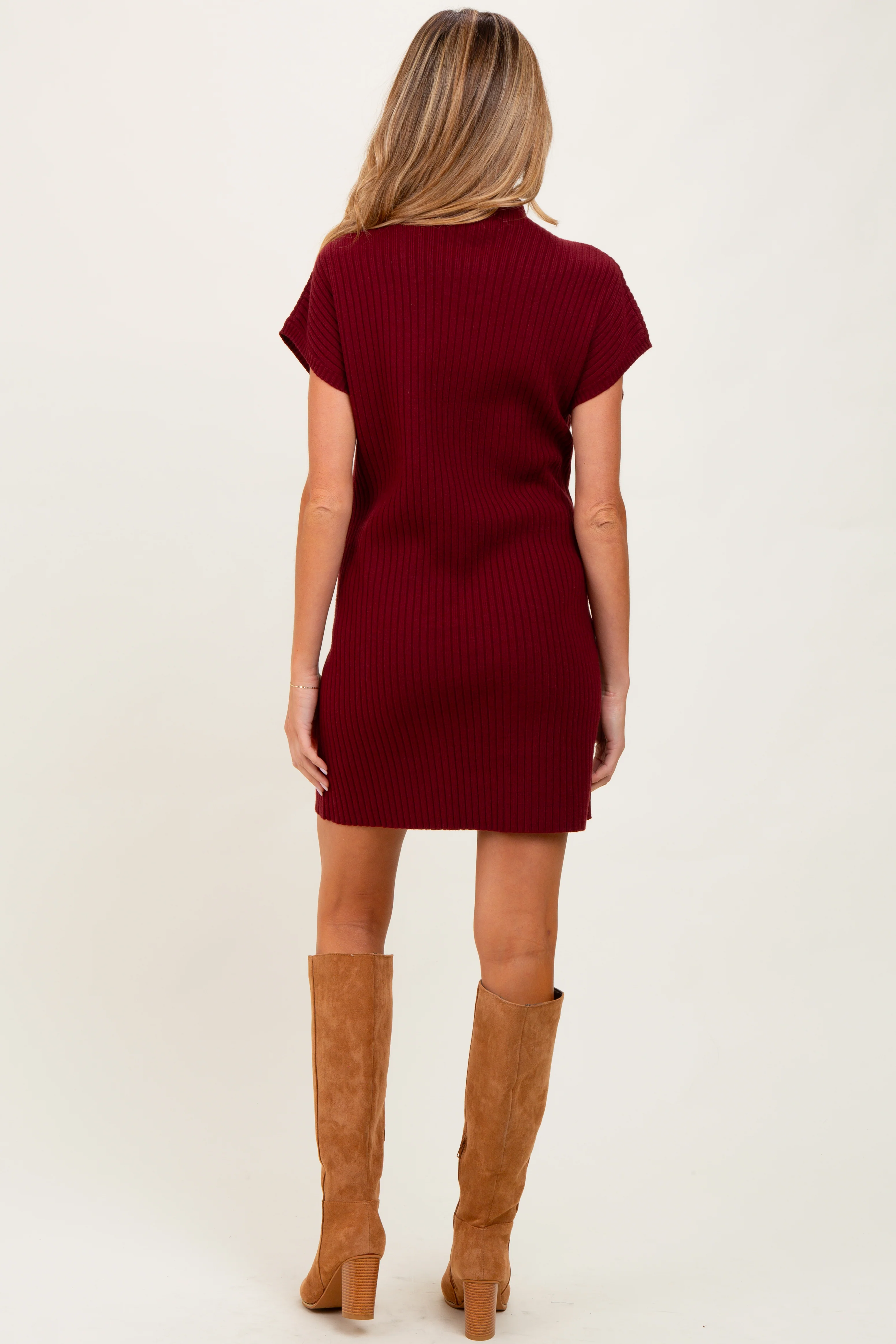 Burgundy Ribbed Knit Maternity Short Sleeve Sweater Dress - Image 3