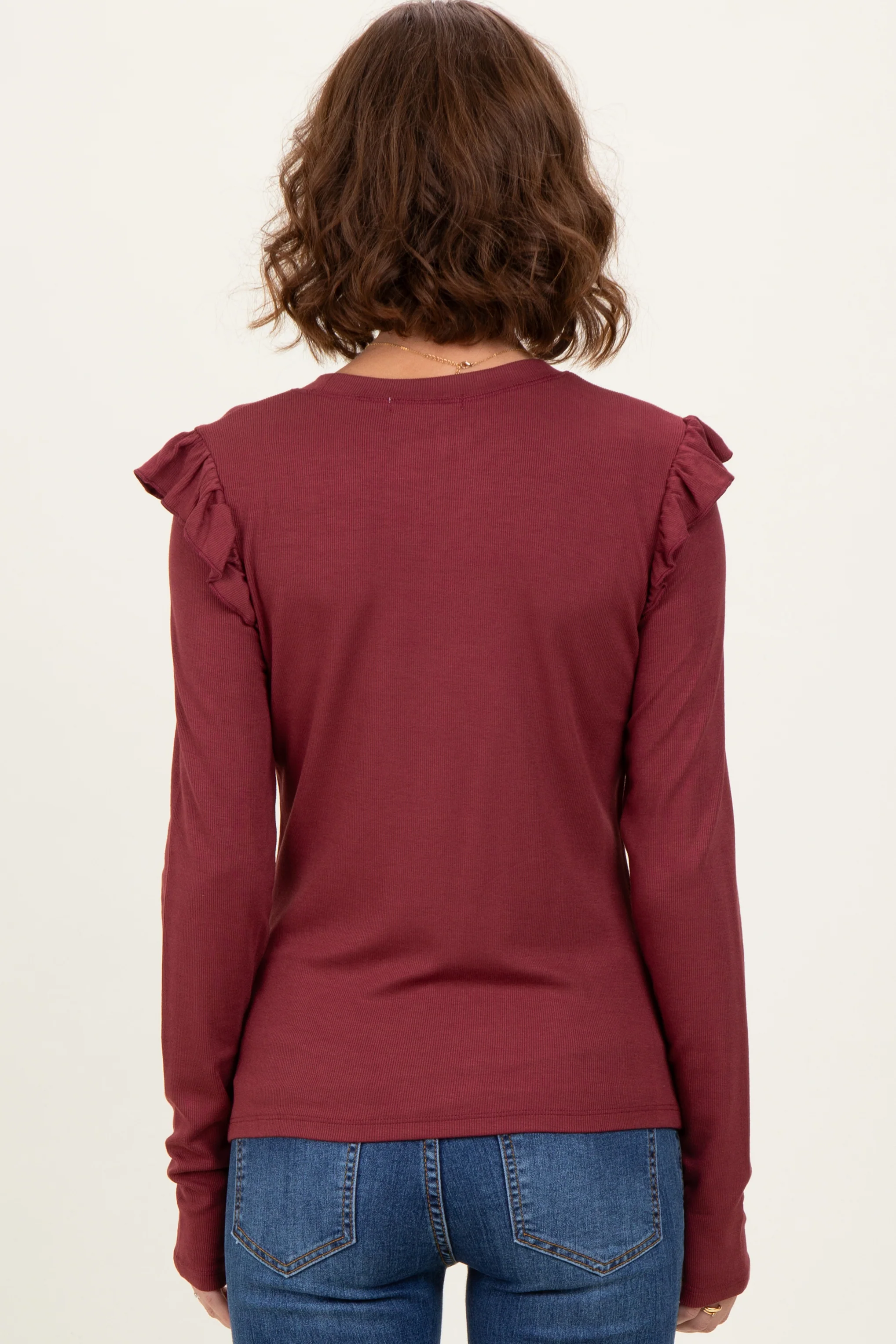 Burgundy Ribbed Knit Ruffle Detail Long Sleeve Top - Image 3