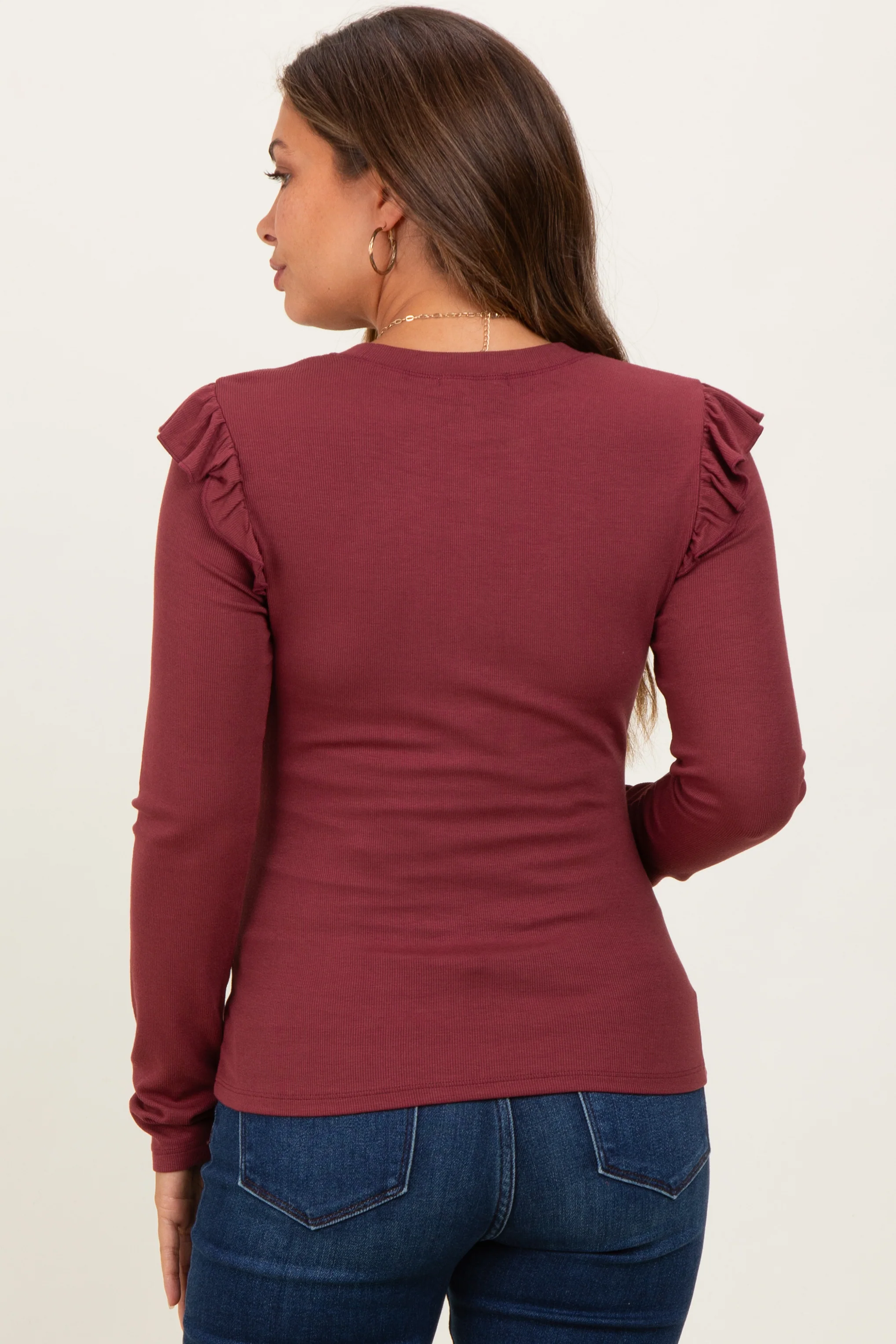 Burgundy Ribbed Knit Ruffle Detail Maternity Long Sleeve Top - Image 4